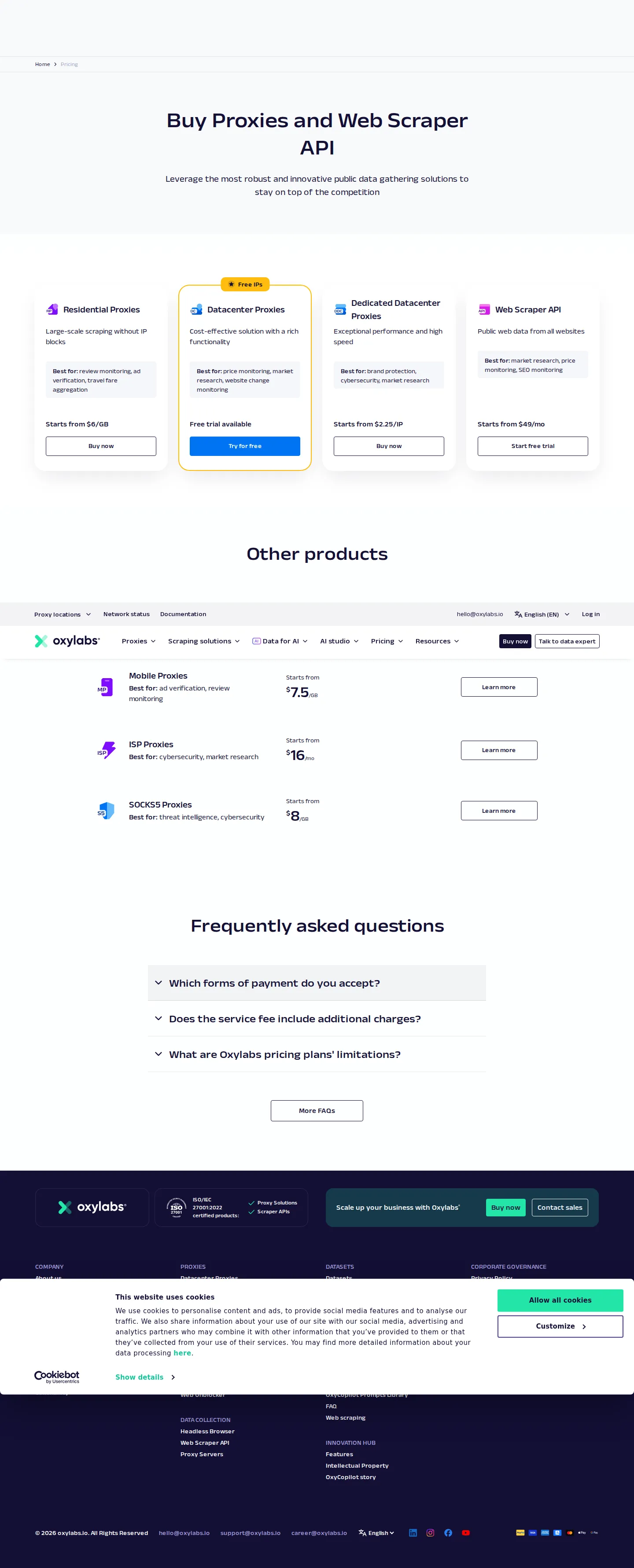 Current snapshot: residential $6→$2.50/GB, Scraper API $49/mo - Residential Proxies from $6/GB ($30/mo Starter) to $2.50/GB ($2,500/mo Corporate