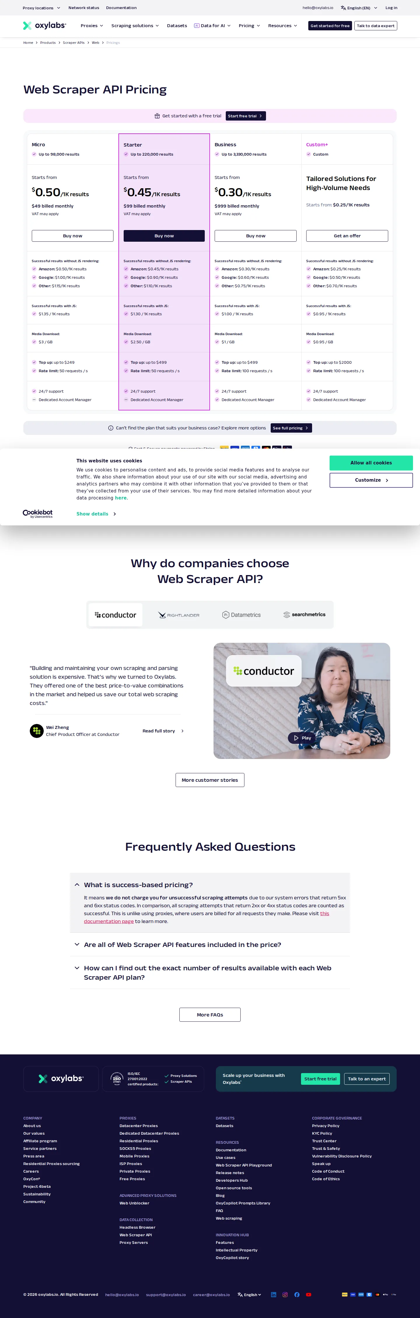 Web Scraper API tiers flattened to Micro/Starter/Business/Custom+ - The Web Scraper API pricing page dropped its Regular/Enterprise tab split for a 