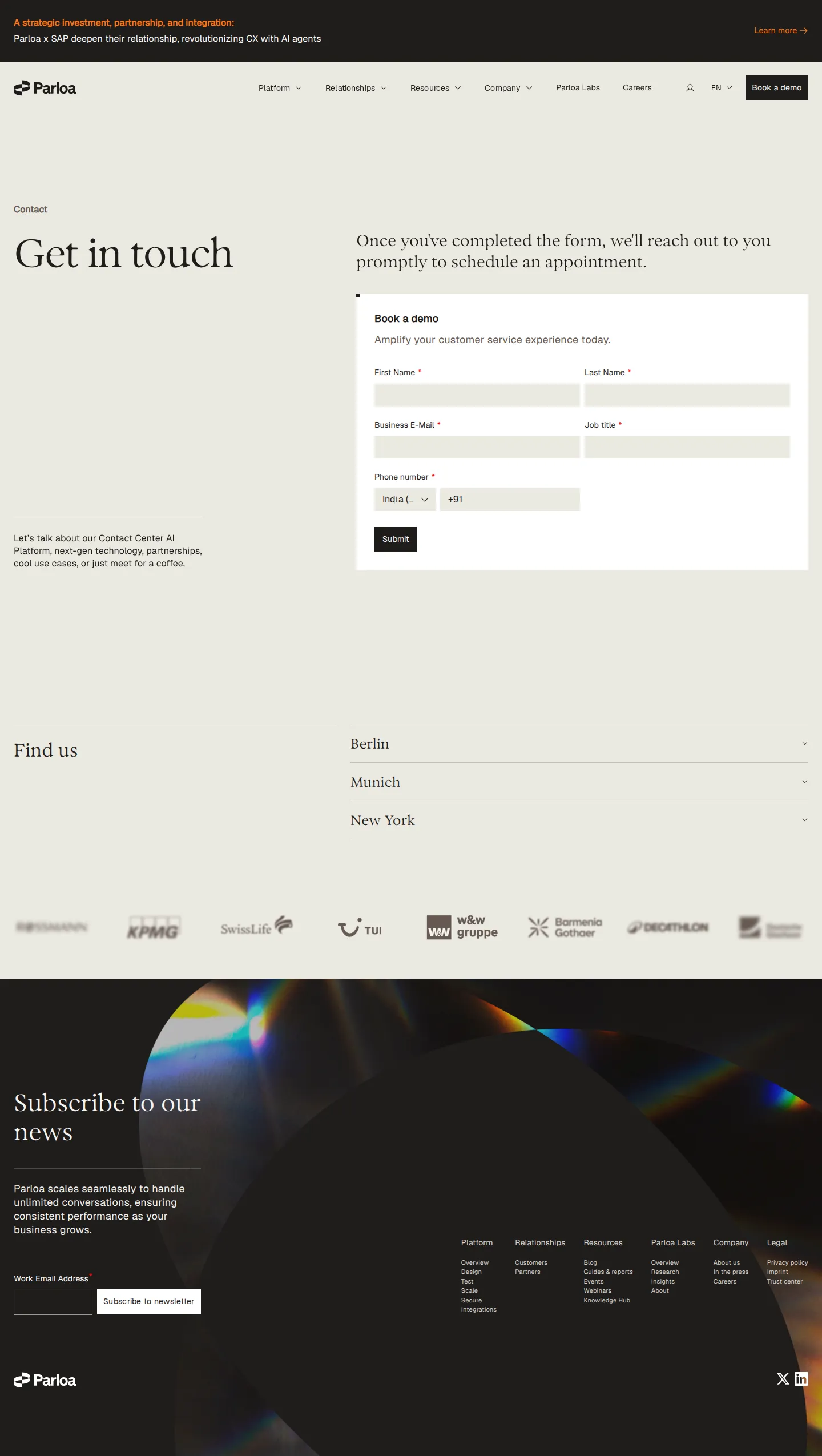 Sales-gated, quote-only — ~$300K/yr indicative floor (third-party) - Parloa exposes no public pricing page (the /pricing path 404s); the only surface