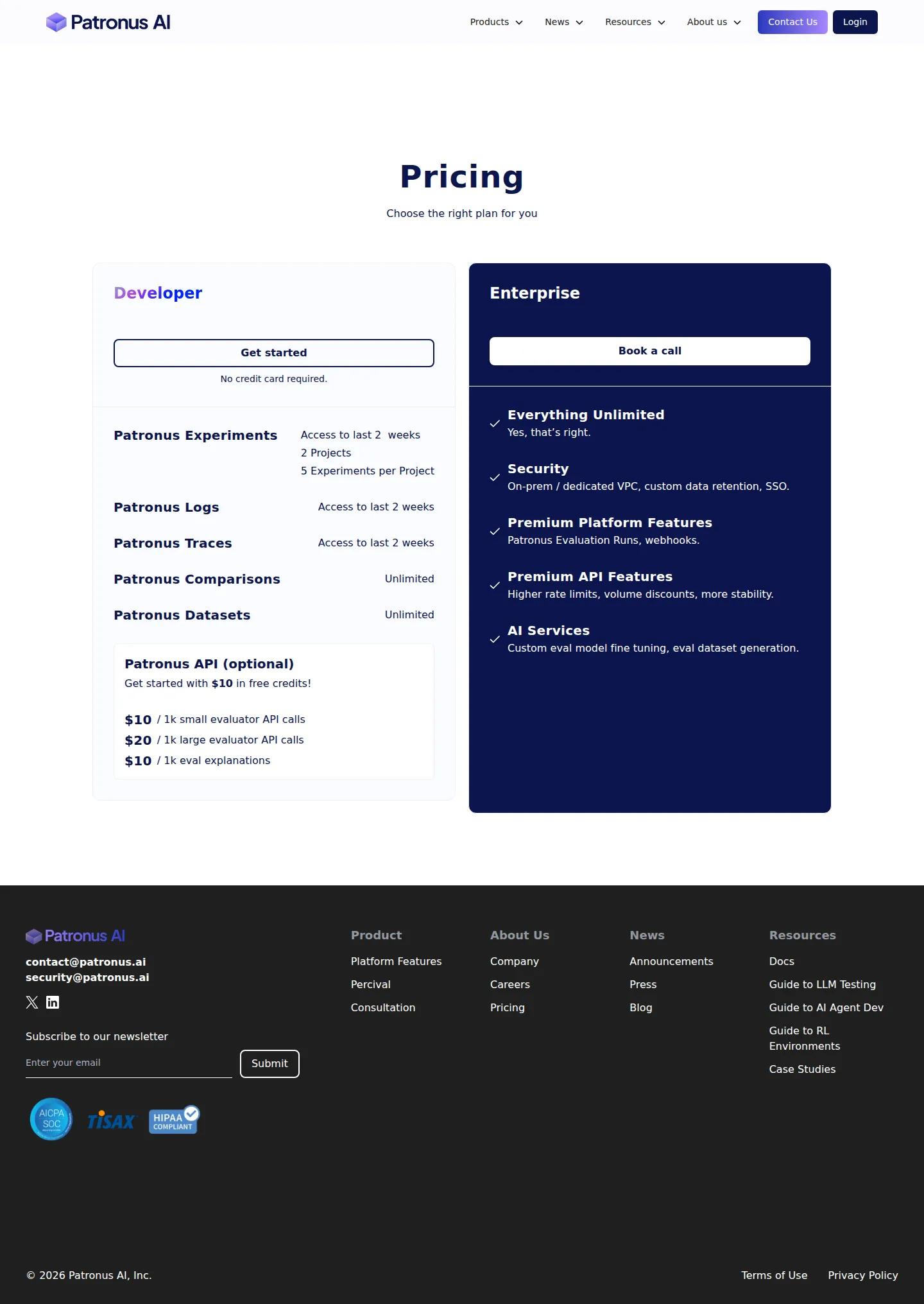 Structure stable: free Developer + pay-as-you-go API + quoted Enterprise - Live pricing page matches the April-2025 structure unchanged — free Developer pl