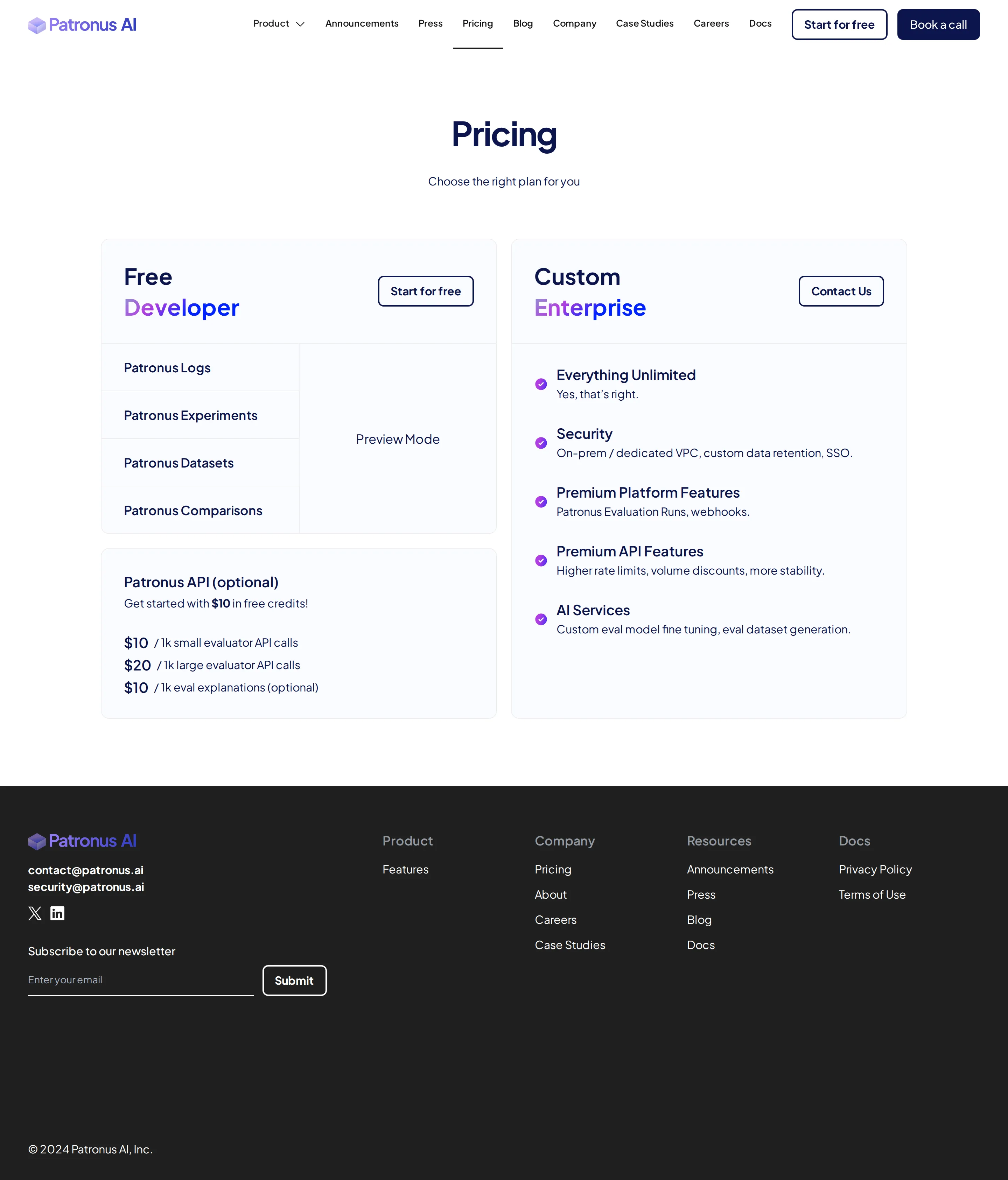 First real pricing: free Developer + optional Patronus API + Custom/Enterprise - By this snapshot the page shows the live freemium model: a free Developer plan (