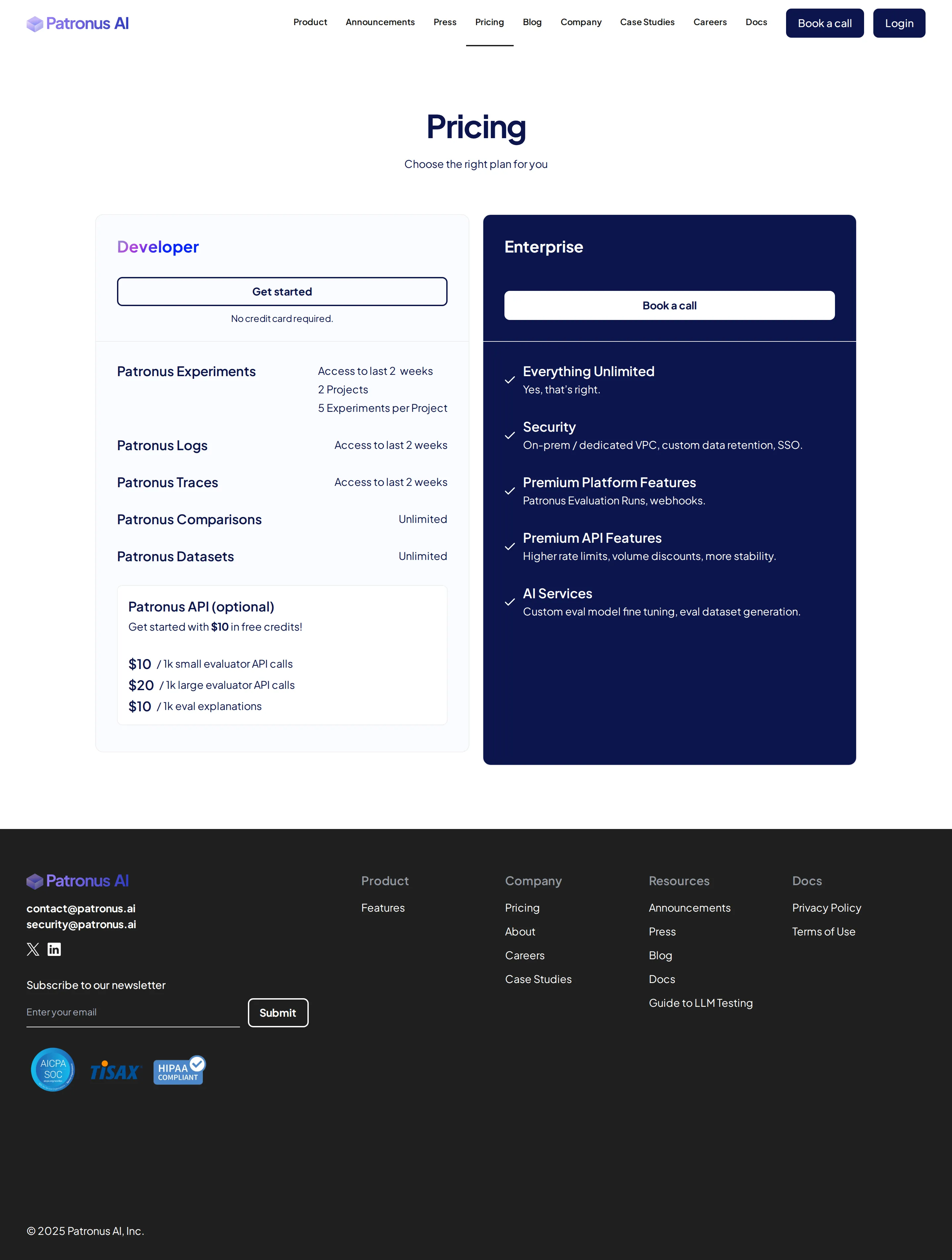 Developer plan adds explicit 2-week retention, project caps, and Patronus Traces - Developer plan is restructured into the current shape: explicit 'Access to last 