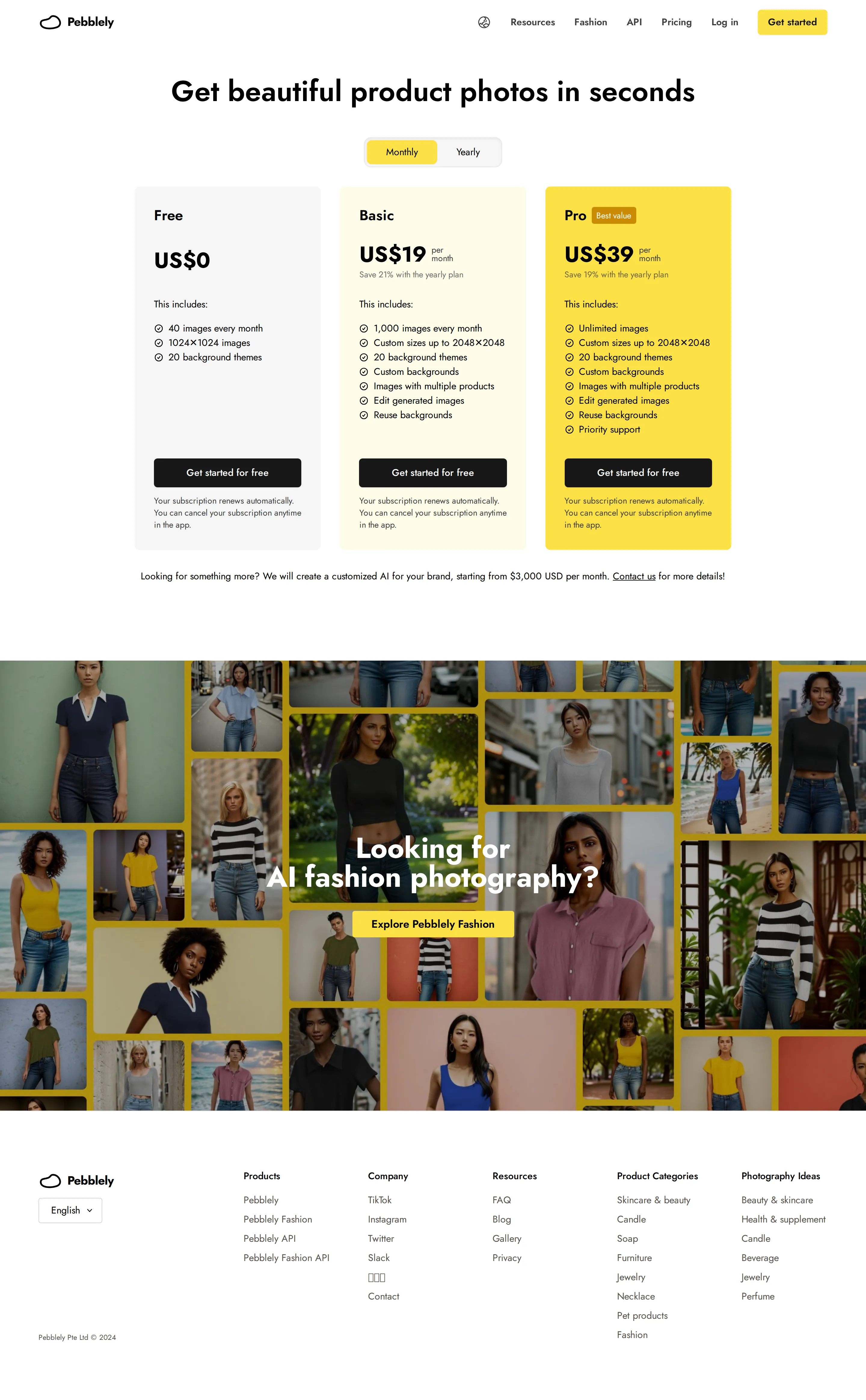 Free tier, 1,000-image Basic, Unlimited Pro, plus $3,000 custom AI - Pebblely sold a Free plan (US$0, 40 images/month, 20 themes), Basic (US$19, 1,00