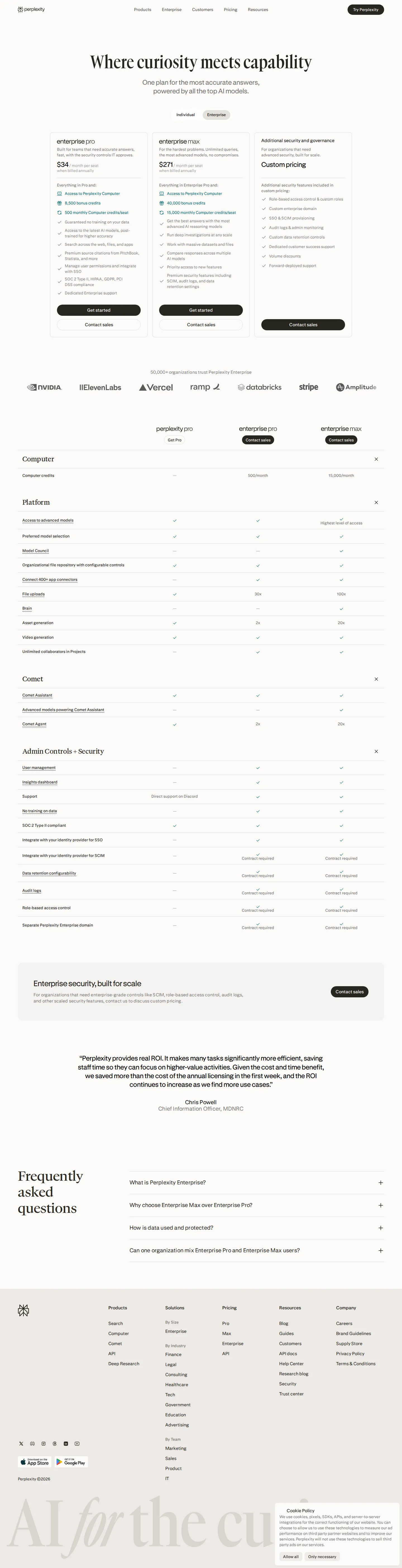 Enterprise Pricing Page Relaunched — Governance Features Restructured - `perplexity.ai/enterprise/pricing` came back online (200, both default and steal