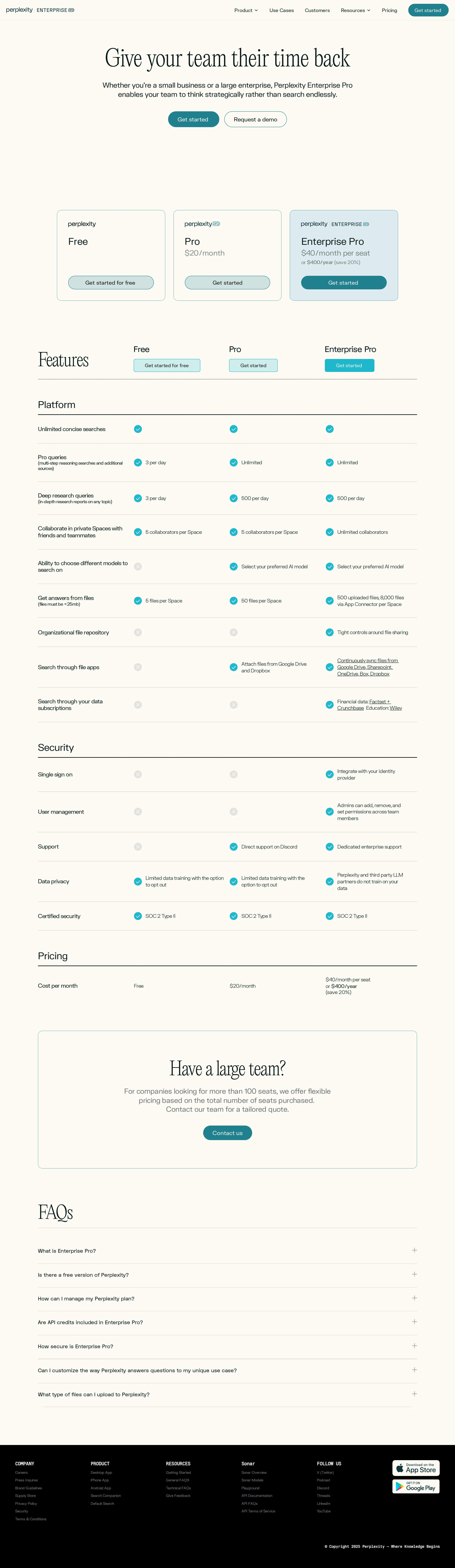 Dedicated Enterprise Pricing Page - By May 2025 Perplexity ran a standalone enterprise pricing page ("Give your team