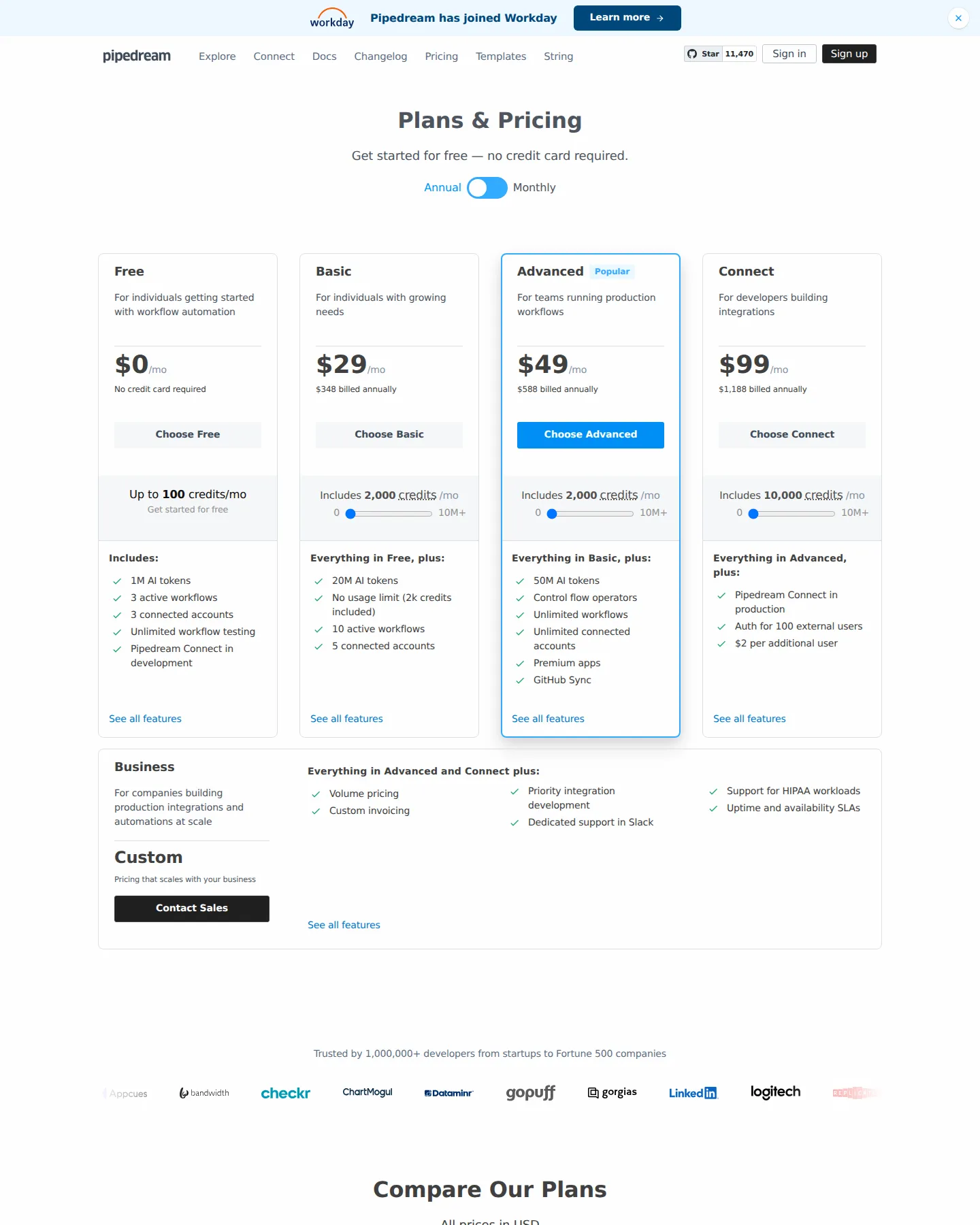 Facts captured — credit-metered hybrid model, five tiers - Captured the live pricing page: Free $0, Basic $29/mo, Advanced $49/mo, Connect 