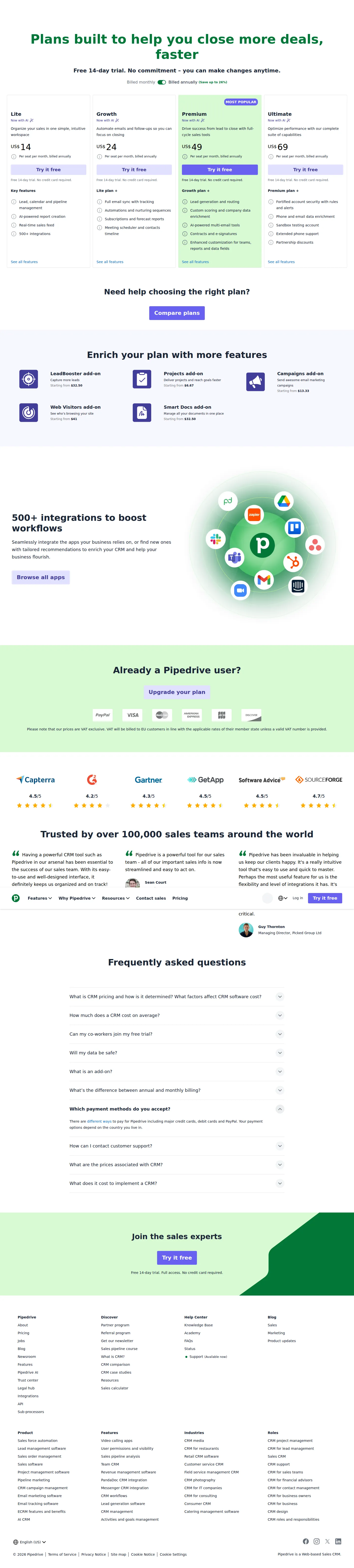 Four AI-bundled per-seat tiers, all 'Now with AI' - Pipedrive's public pricing shows four per-seat plans — Lite ($14), Growth ($24),