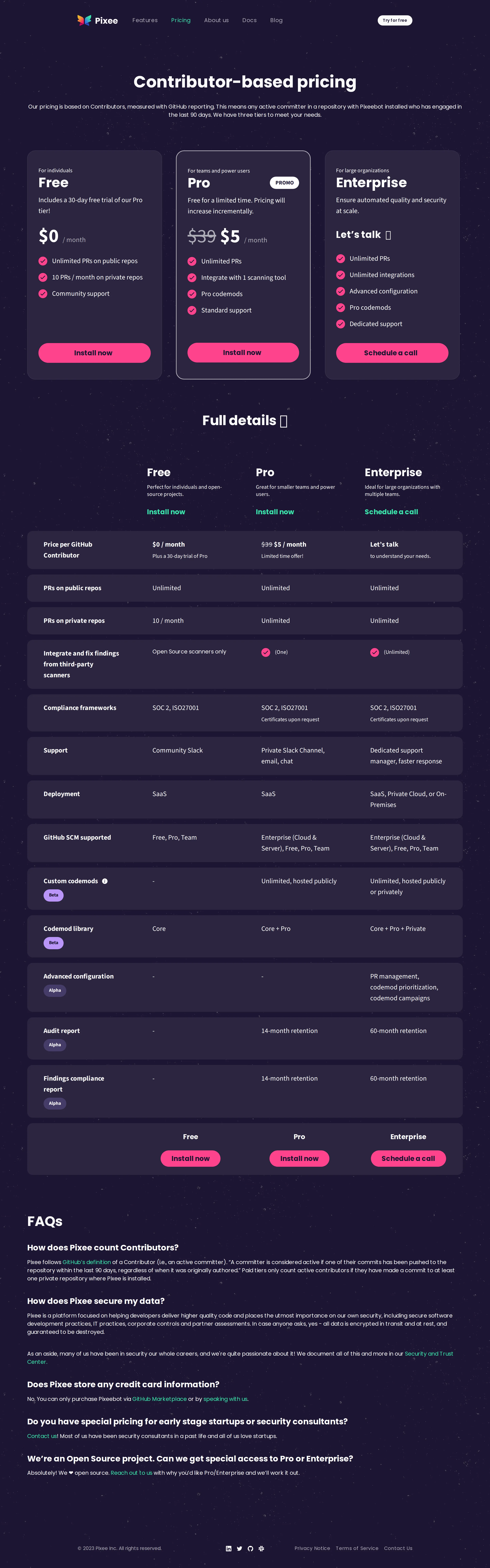 Contributor-based, public self-serve pricing - Pixee published a three-tier contributor-based price list: Free ($0 — unlimited 