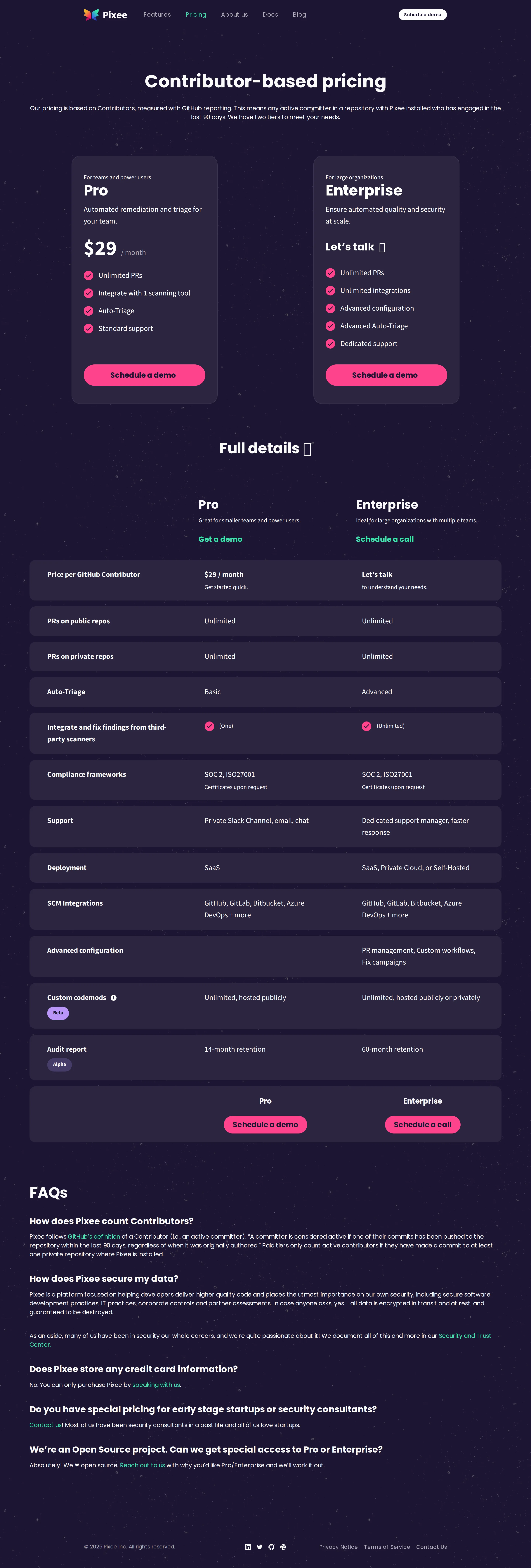 Free tier removed; Pro cut to $29/mo; self-serve phased out - Page collapsed to two tiers — Pro ($29/mo per Contributor) and Enterprise. Free 