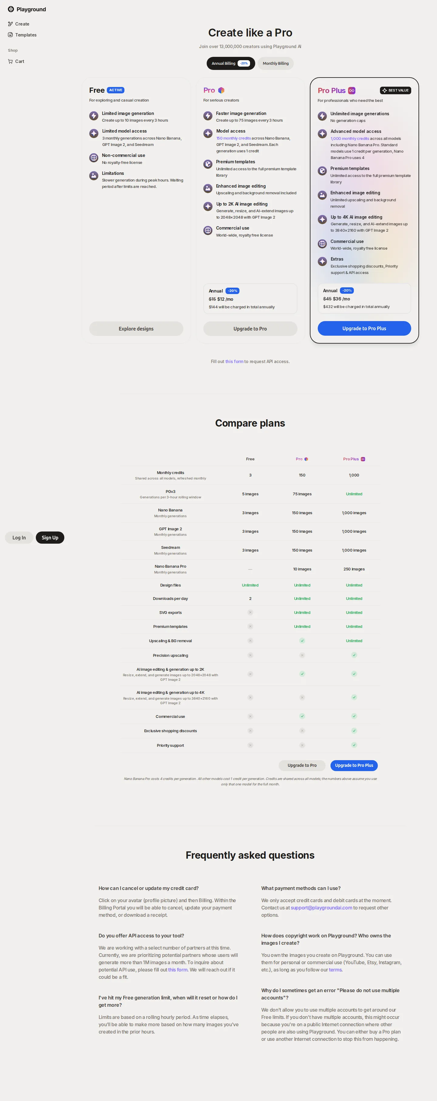 Free tier caps cut (downloads 10→2/day, PGv3 window 10→5/3h); promo-code field removed - First successful LIVE capture of playground.com/design/pricing (the site's autom