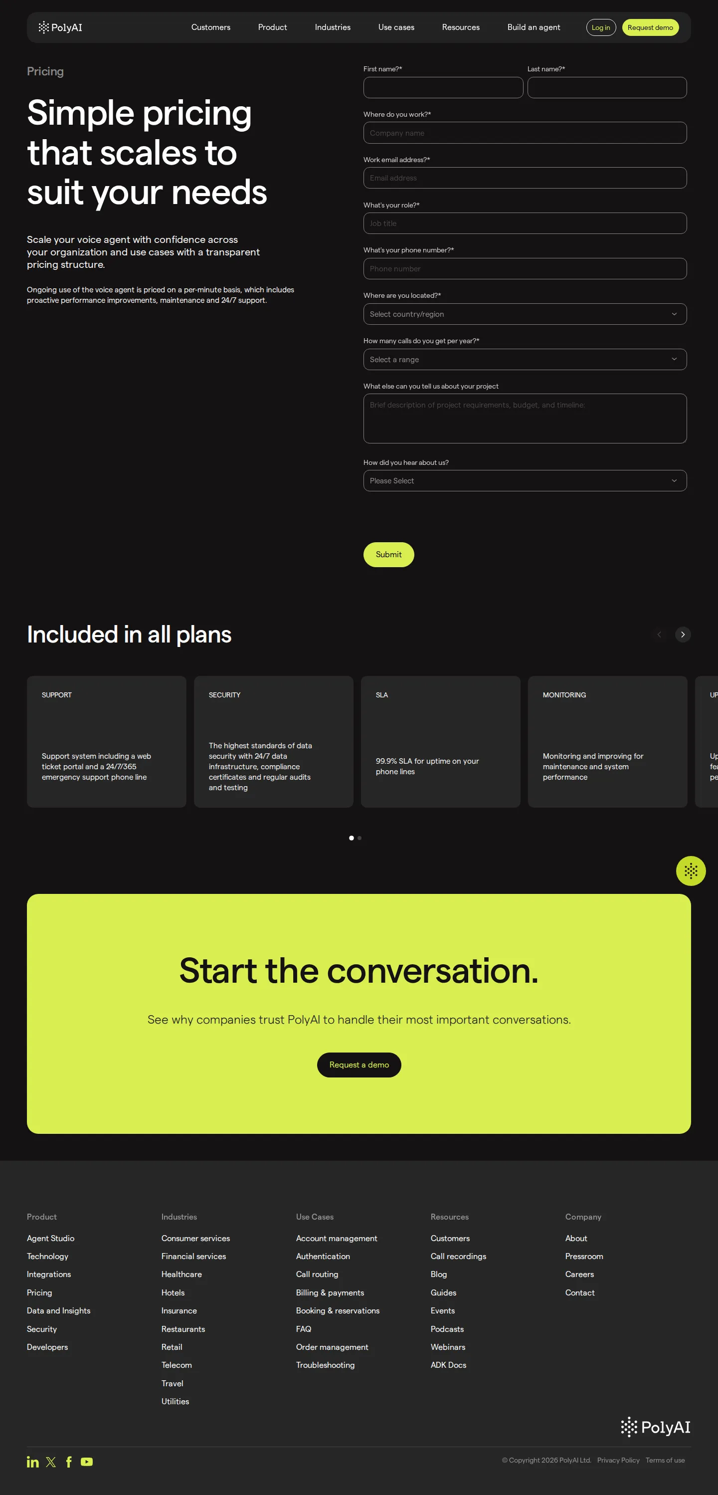 Per-minute, sales-led pricing (gated) - PolyAI's pricing page presents a single sales-led motion: ongoing voice-agent us