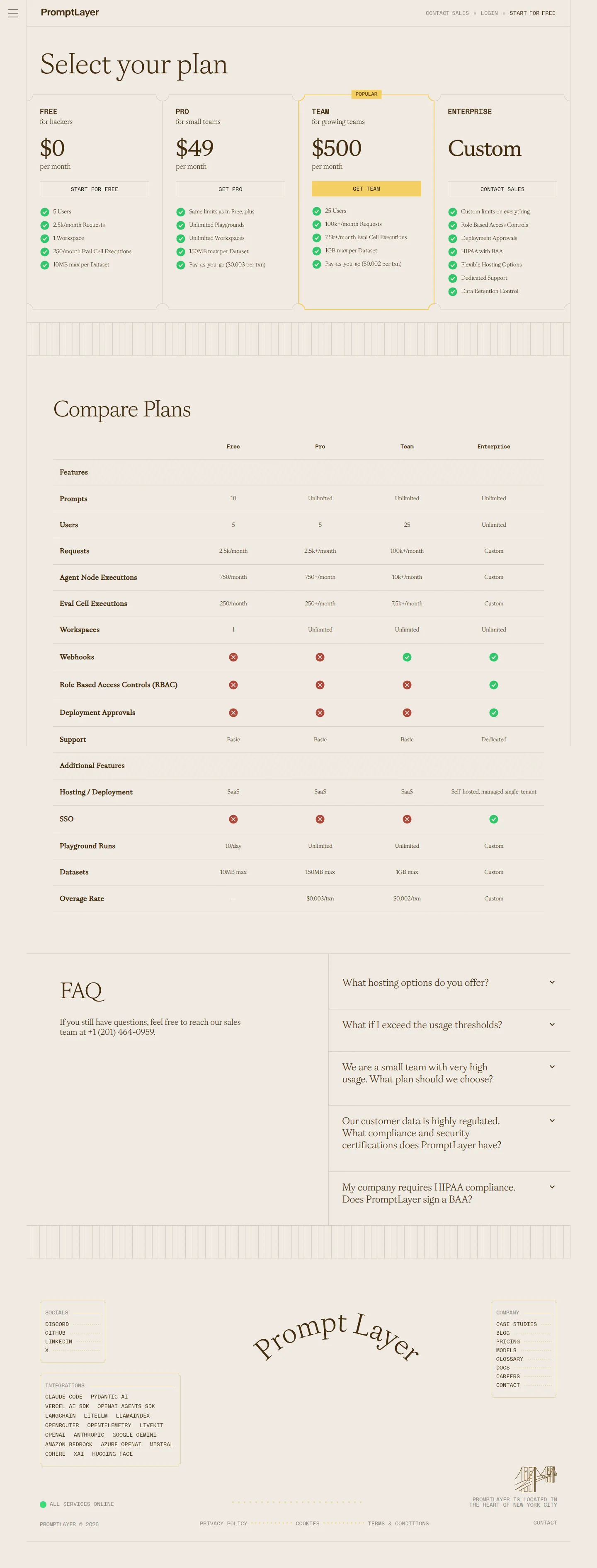 Redesign and PromptLayer rebrand — same prices - By mid-2026 the pricing page was redesigned (light layout, products/integrations