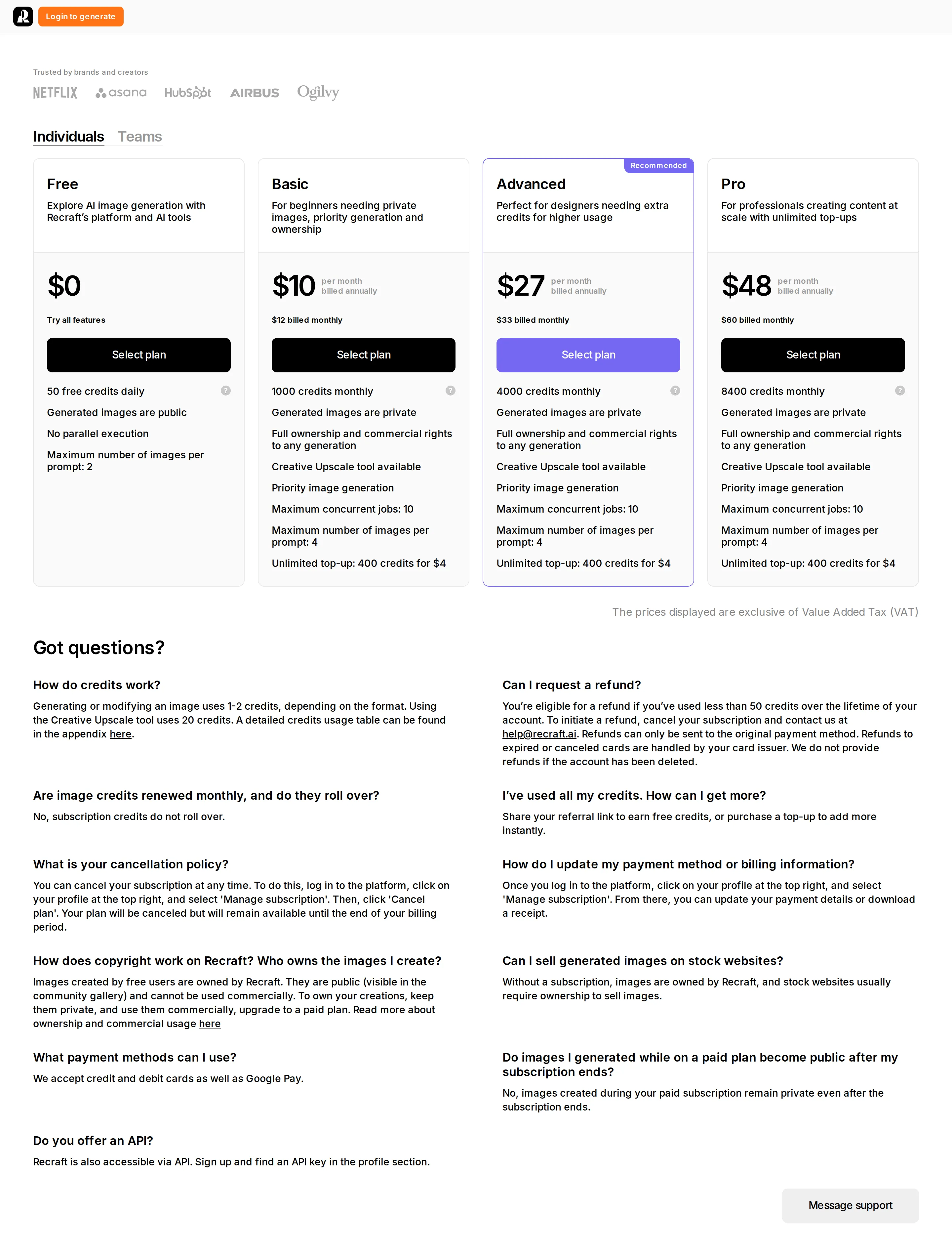 Credit-pool overhaul: Free/Basic/Advanced/Pro after Recraft V3 - Following the Recraft V3 ('red_panda') launch on 2024-10-30, the page was rebuil