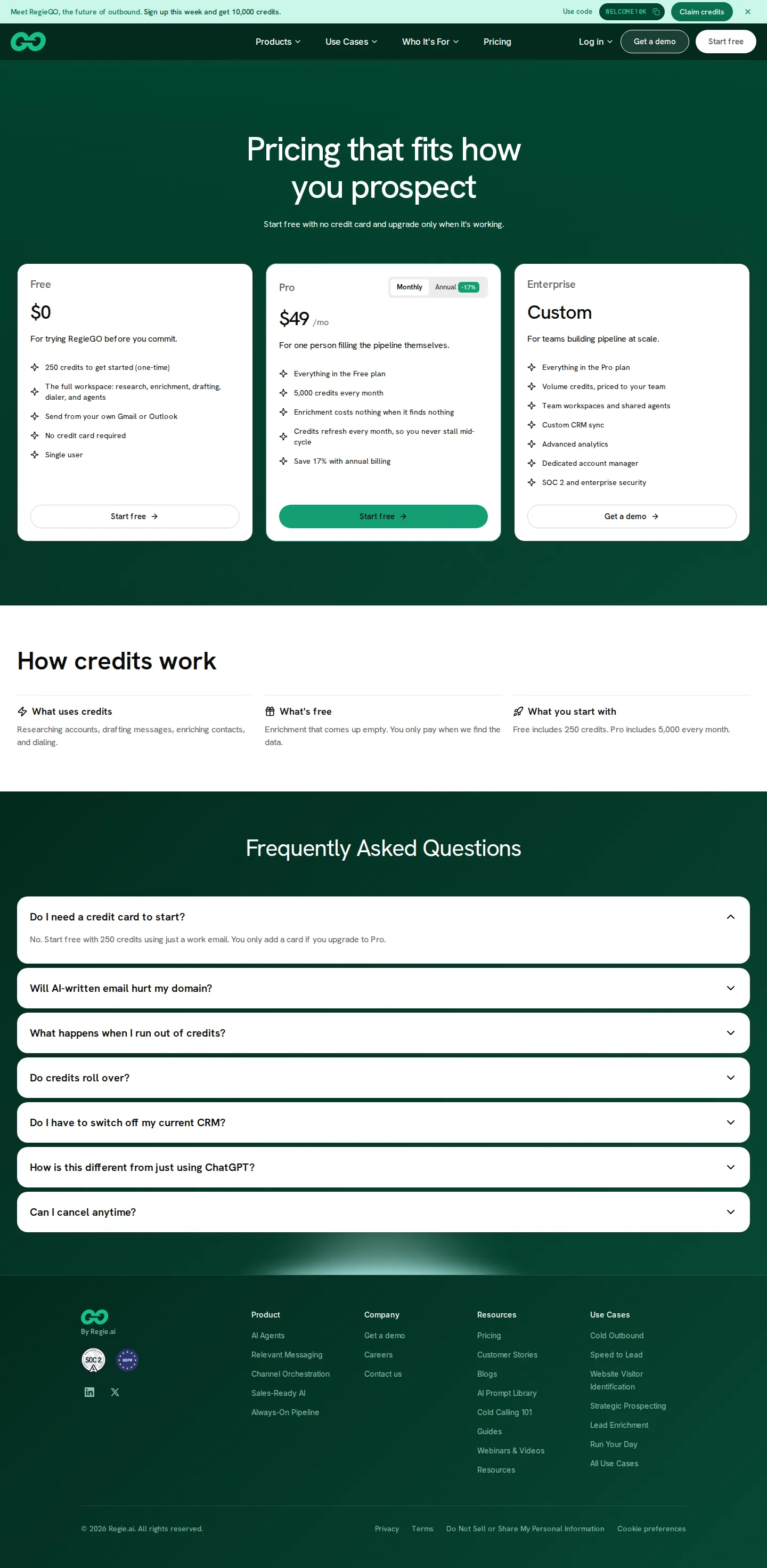 Relaunch as RegieGO: freemium credit-metered self-serve - Regie.ai rebranded to RegieGO and dropped its $180/$499 per-user annual sales-le