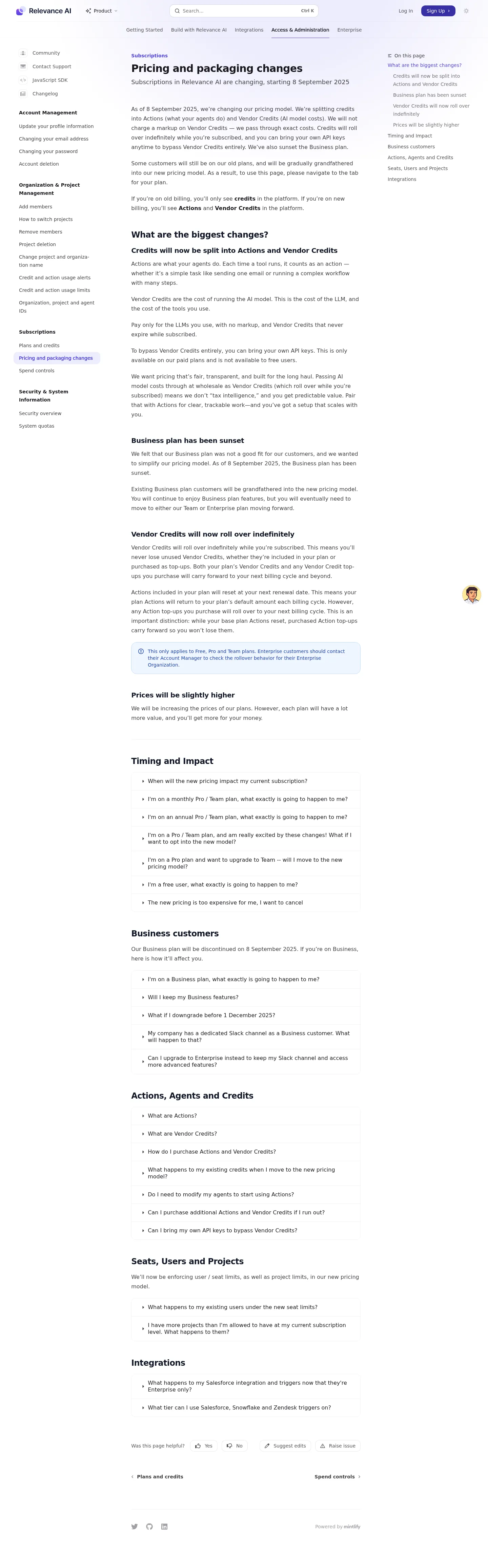 Credits split into Actions + pass-through Vendor Credits; Business plan sunset; prices raised - The single 'credits' meter was split into two: Actions (a flat charge per tool-r