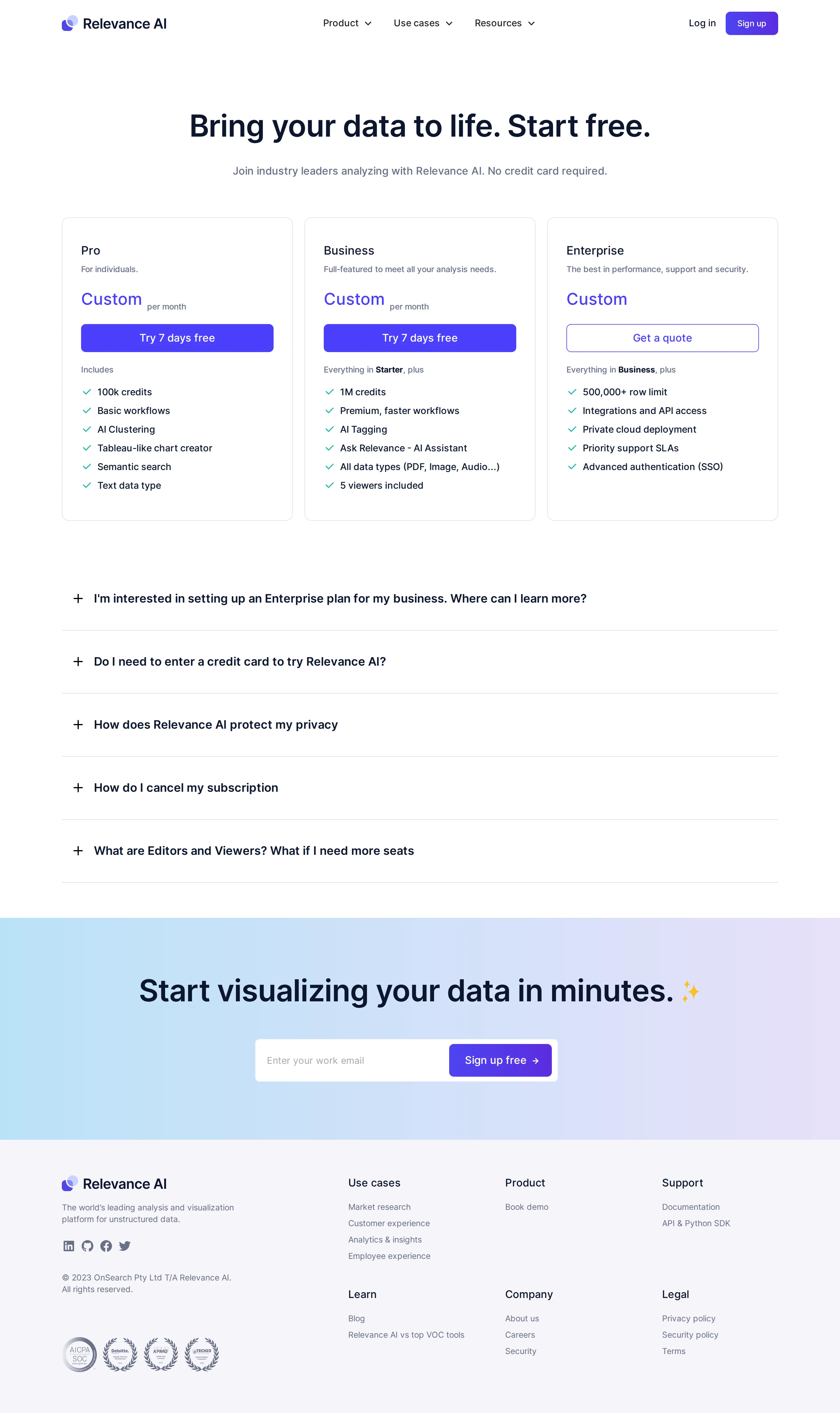 Data-analysis era: Pro / Business / Enterprise, all 'Custom' priced - Pre-agent Relevance AI was a 'bring your data to life' analysis and visualizatio