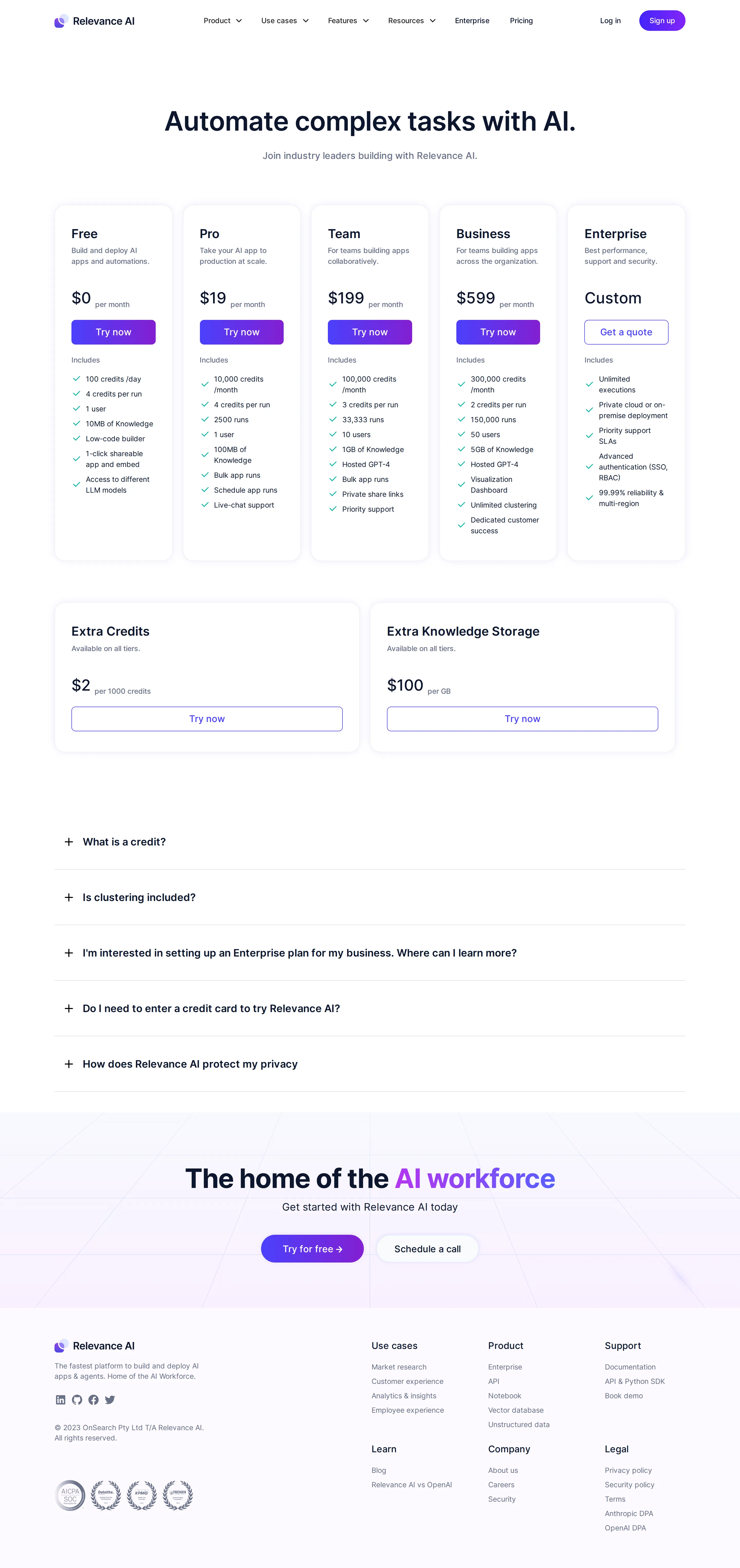 Agent-era relaunch: 5 published tiers (Free / Pro $19 / Team $199 / Business $599 / Enterprise) - Relevance AI repositioned to 'Automate complex tasks with AI' and published tran