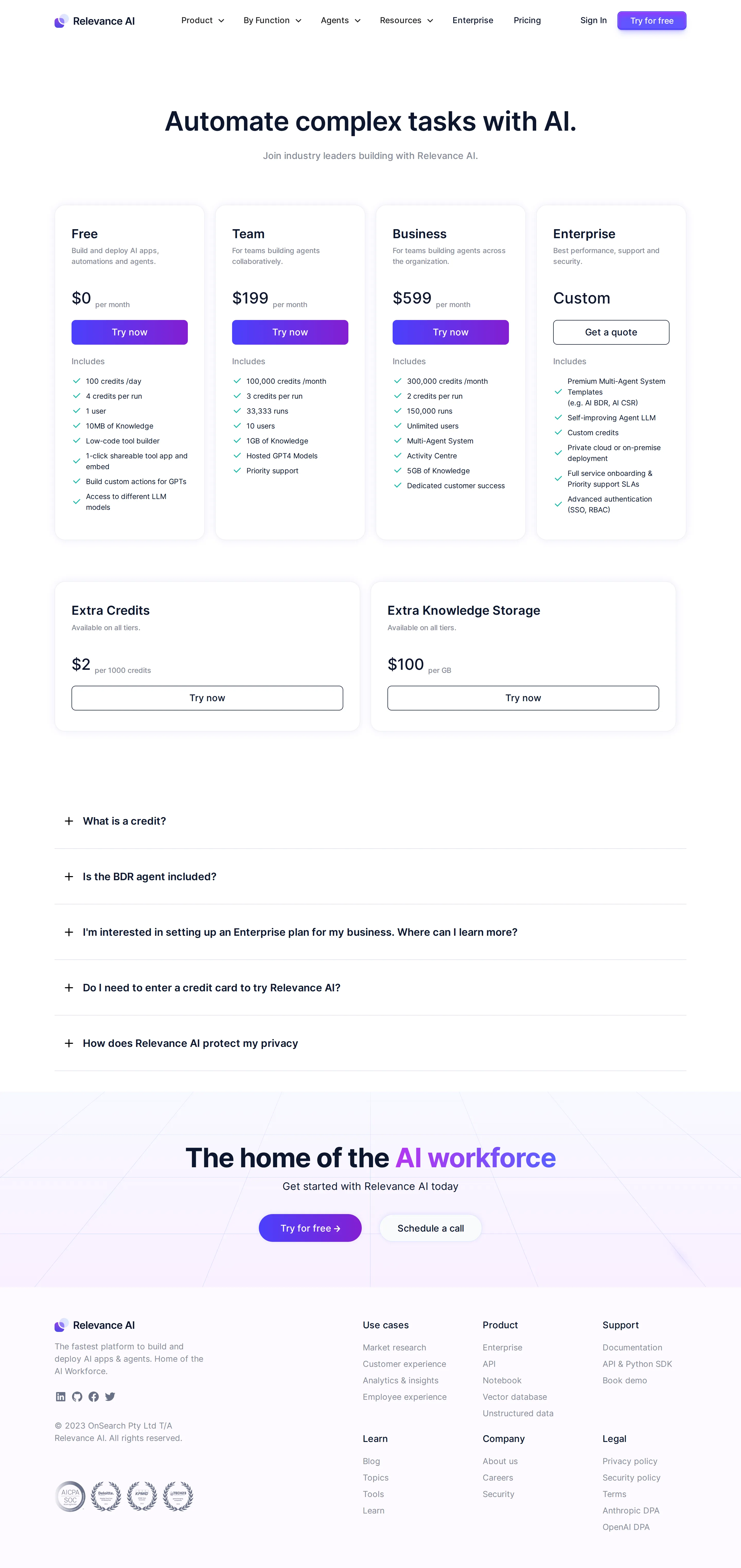 Pro tier dropped; Multi-Agent System and AI BDR introduced - The published ladder narrowed to Free / Team $199 / Business $599 / Enterprise (