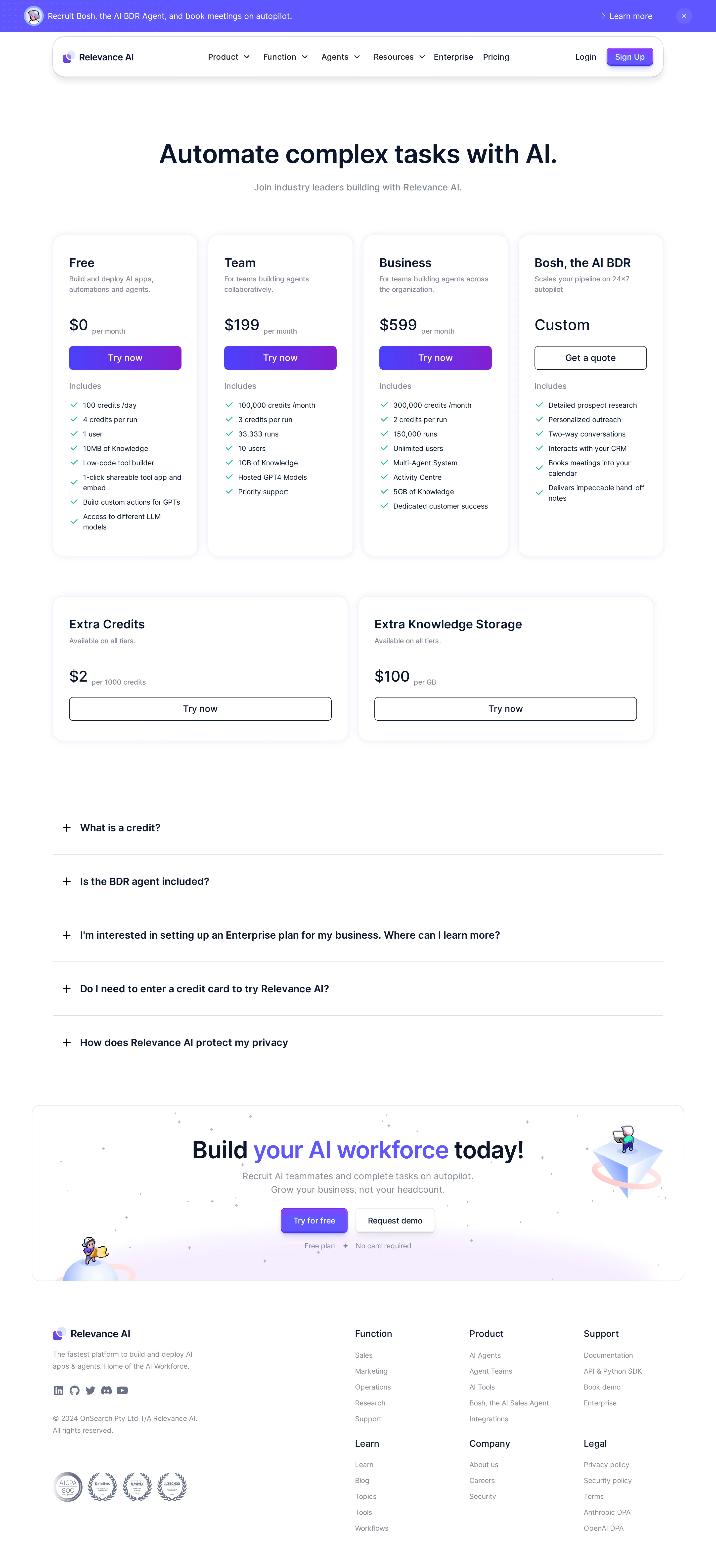 'Bosh, the AI BDR' becomes the fourth pricing card - The pricing grid replaced the Enterprise card slot with 'Bosh, the AI BDR' (cust