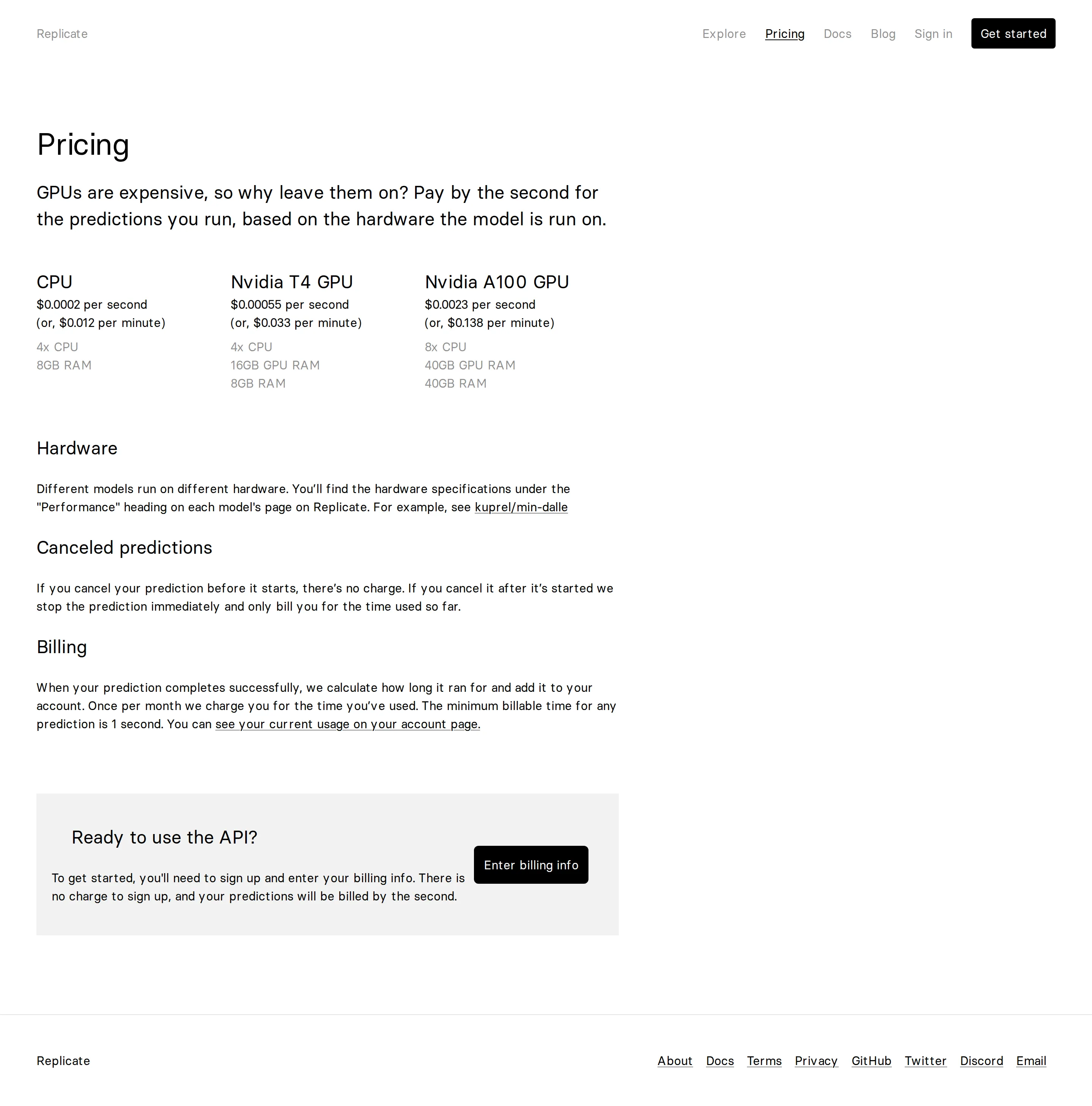 Three-Tier Per-Second Pricing: CPU, T4, A100 - The Wayback snapshot shows Replicate's pricing built on three hardware tiers bil