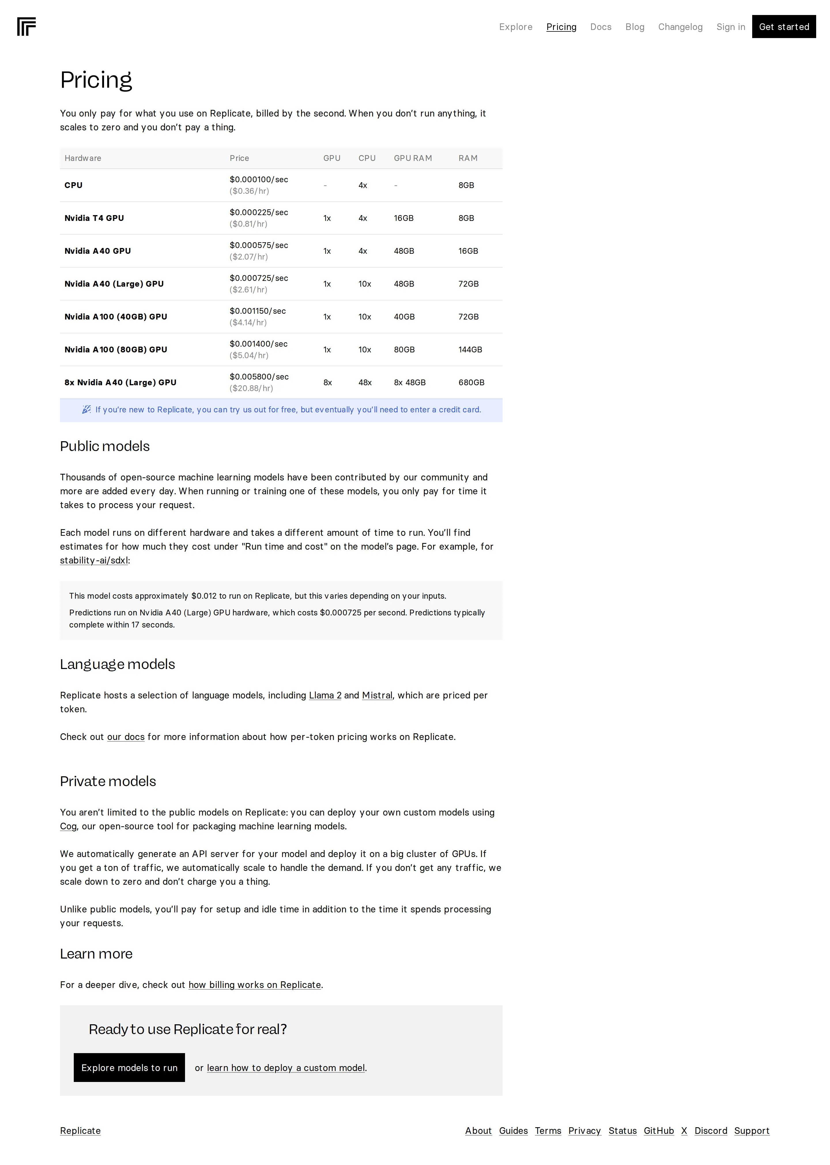 Per-Token Language Model Pricing Added: Llama 2, Mistral - A dedicated 'Language models' section appeared alongside the hardware table, int