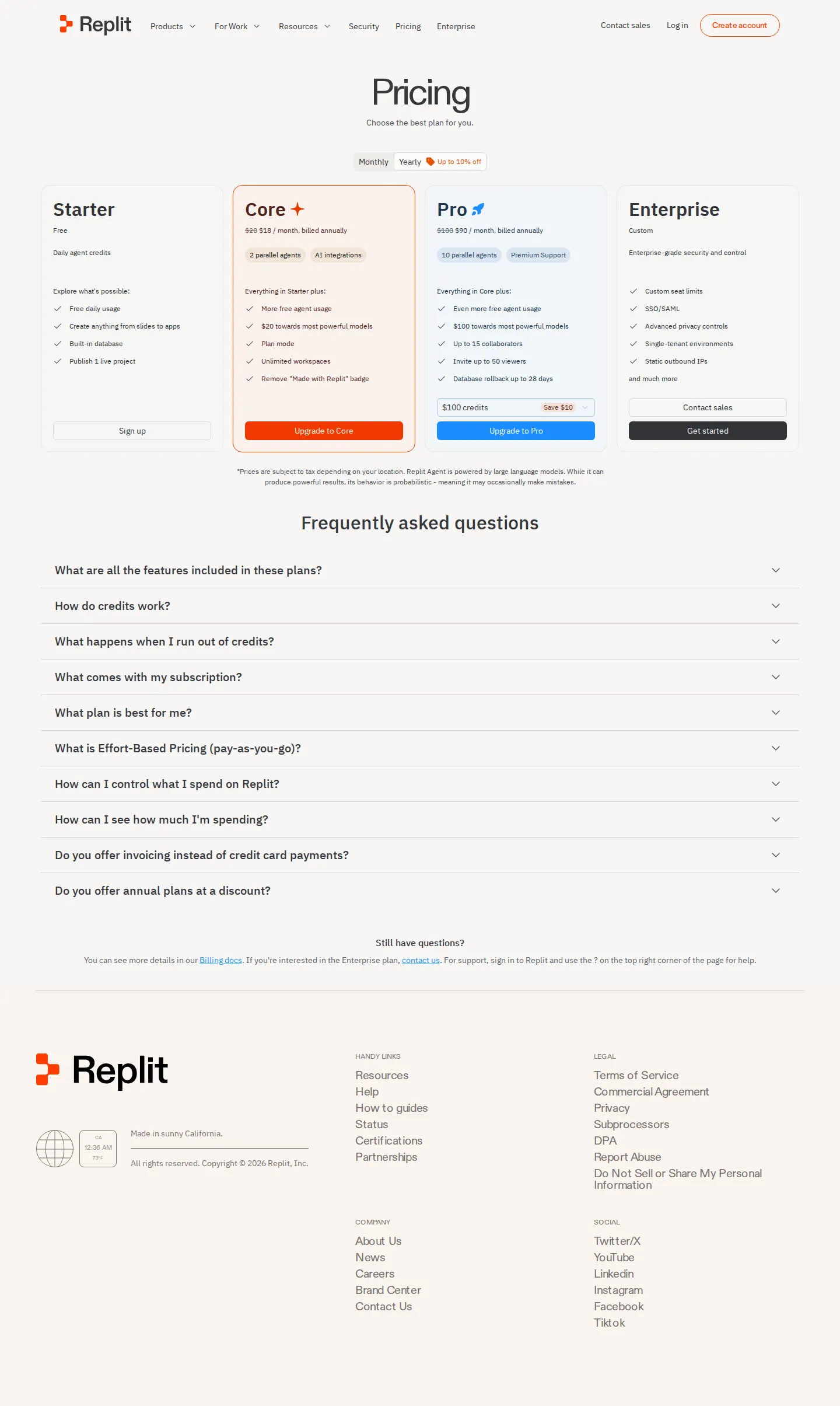 Core cut to $20/$18 and its credit wallet trimmed to $20; Pro annual to $90 - Between the June and August 2026 captures Replit cut Core from $25 to $20/mo mon