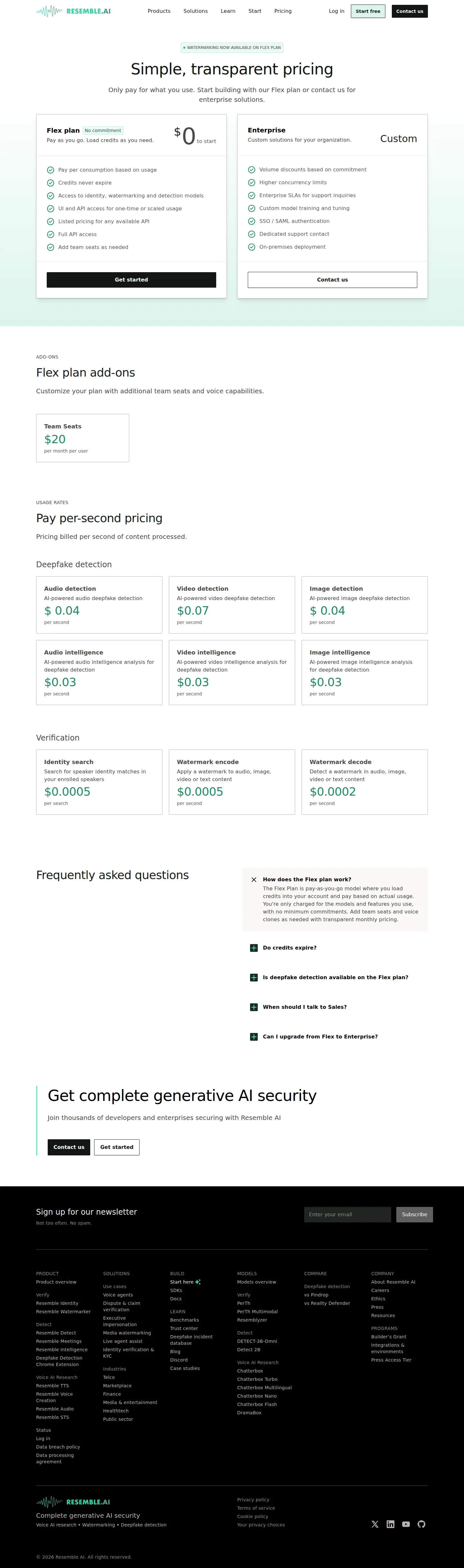 Voice-generation rates removed; page repackaged around AI security - Resemble pulled all voice-generation per-second rates (TTS, voice agents, STS, S
