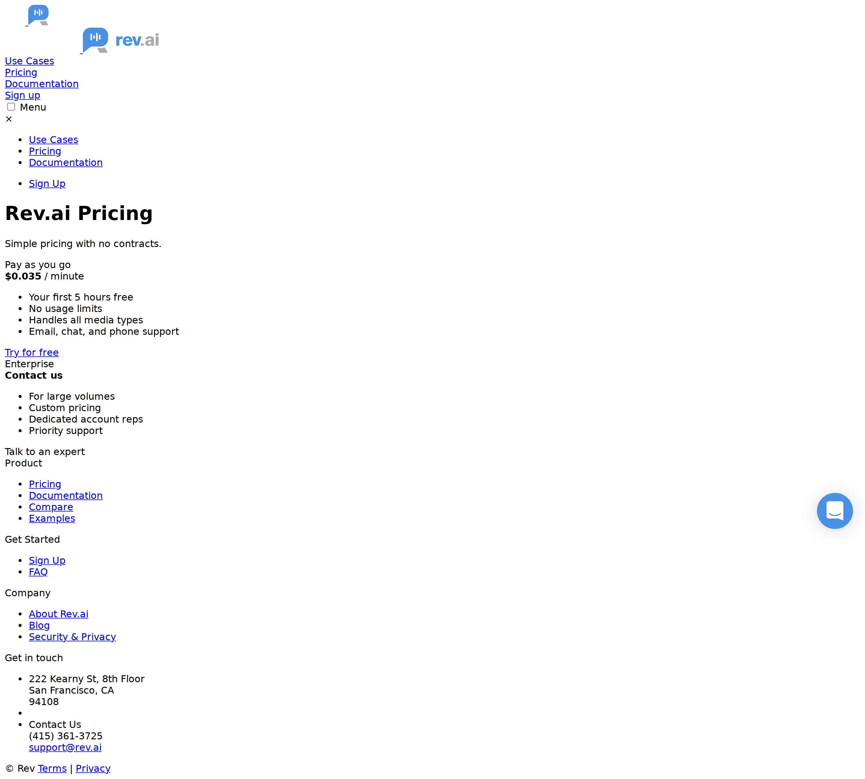 Single flat per-minute rate - Earliest archived rev.ai/pricing snapshot (Wayback 2019-03-22): one Pay-as-you-g