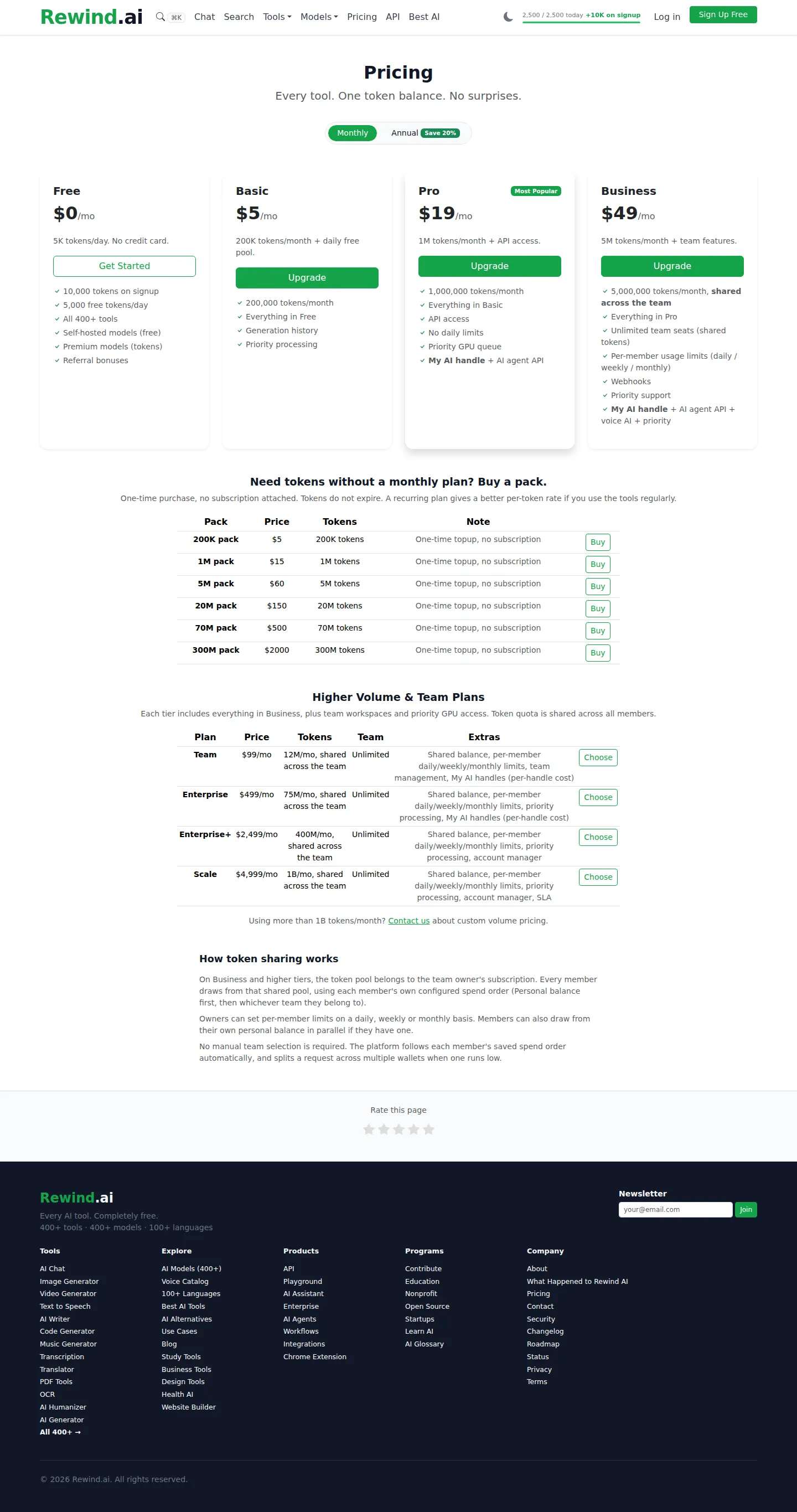 rewind.ai domain hosts token-balance AI-tools aggregator - The rewind.ai domain now serves an unrelated 'every tool, one token balance' AI 
