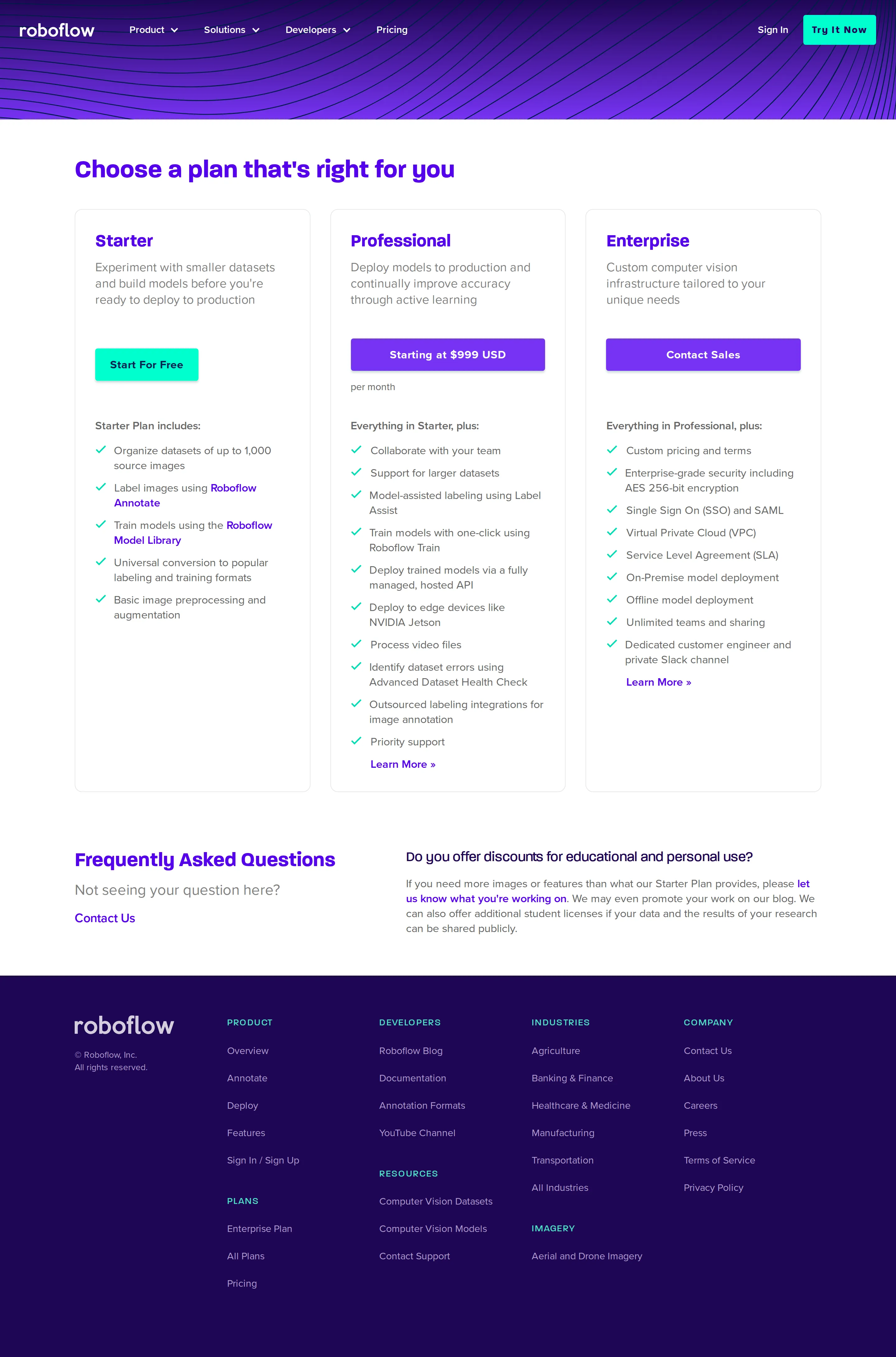 Subscription pivot — Professional 'Starting at $999/month' - Roboflow abandoned per-image metering for a seat/feature subscription. The free 