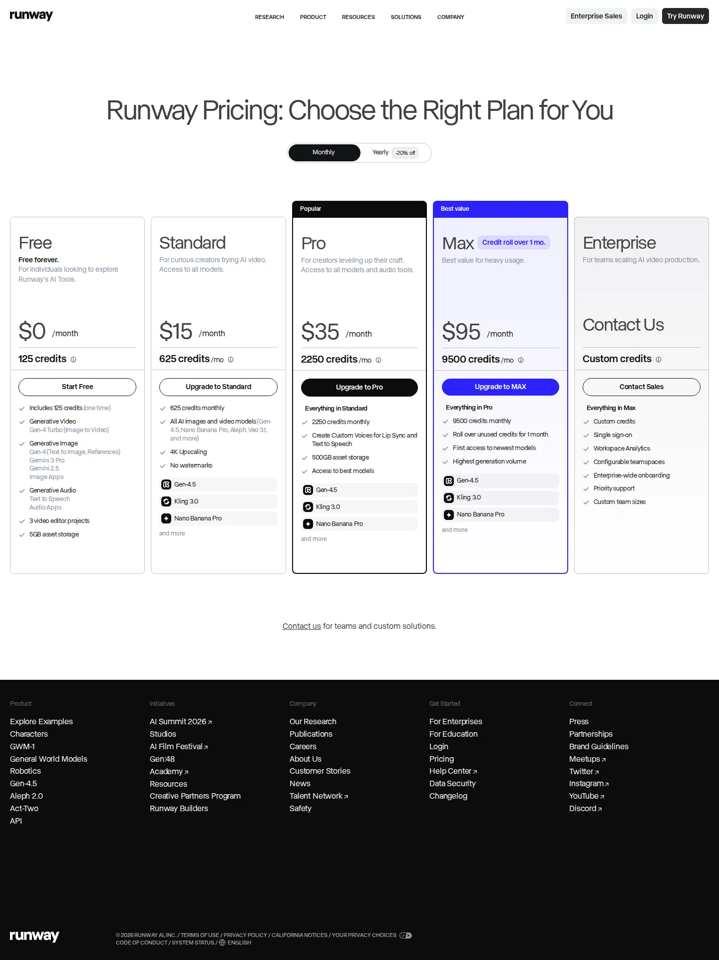 Top tier rebranded Unlimited → Max (9,500 credits + roll-over) - Captured runwayml.com/pricing (USD): the former Unlimited plan is replaced by Ma