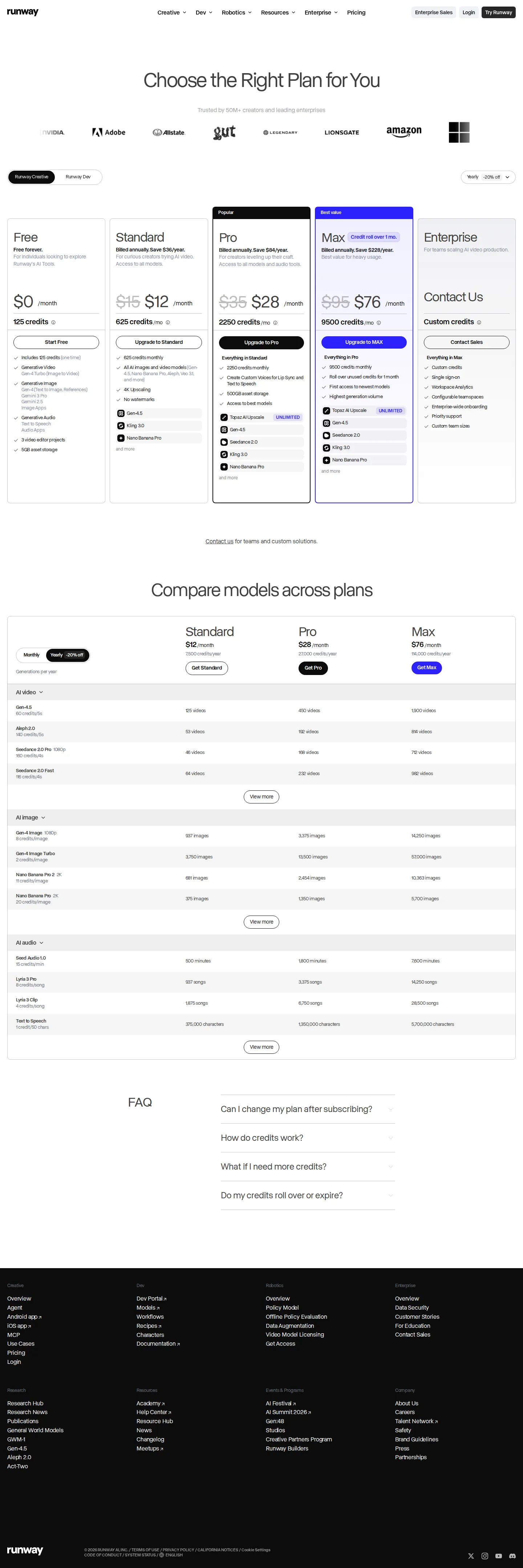 Model-lineup refresh + per-model credit/API-rate transparency (prices held) - Captured runwayml.com/pricing (USD): plans, prices and credit allowances unchang