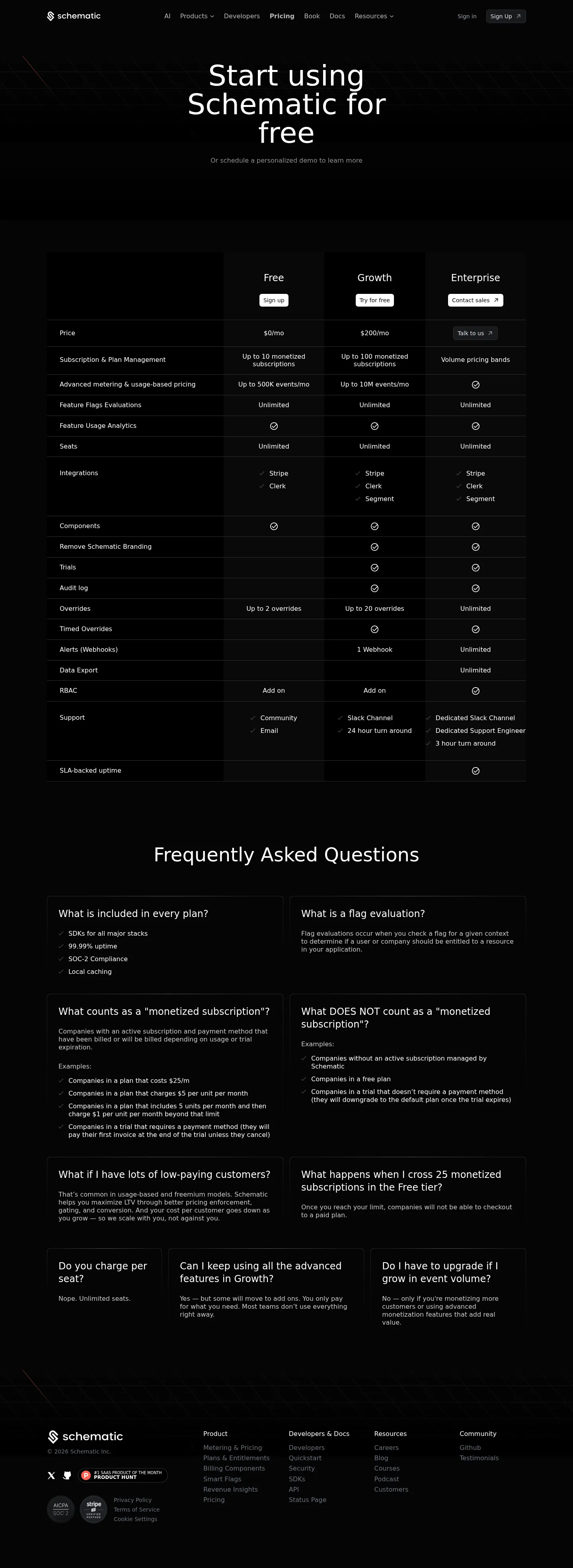 Free / Growth $200 / Enterprise — metered on monetized subscriptions + events - Live shape: Free $0/mo (10 monetized subscriptions, 500K events/mo, 2 overrides,