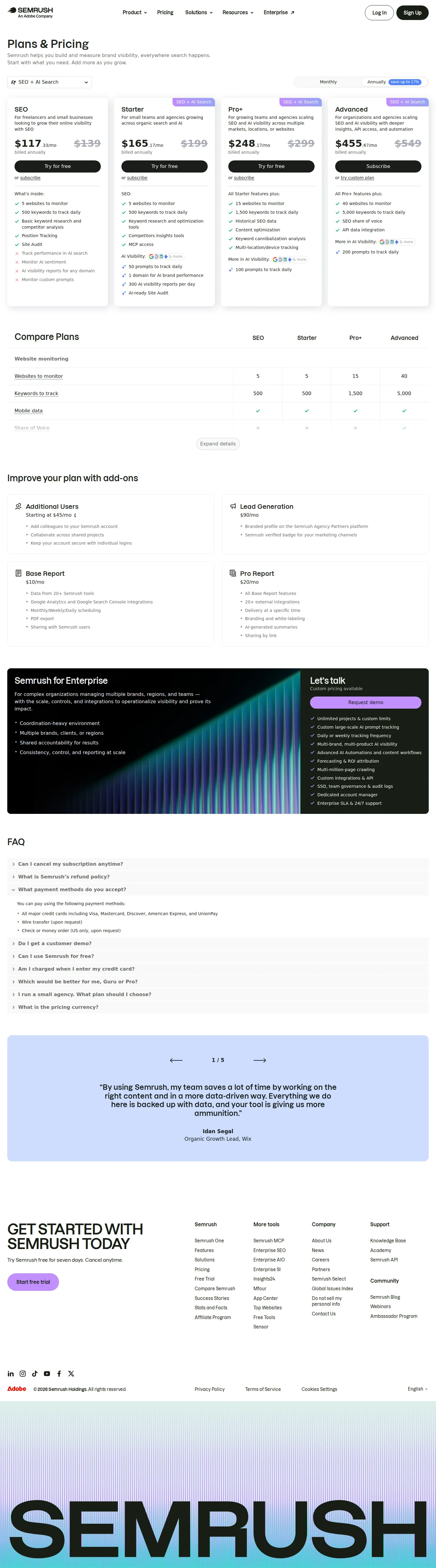 SEO + AI Search — current state - Live capture confirms SEO $139.95, Starter $199, Pro+ $299, Advanced $549 (month