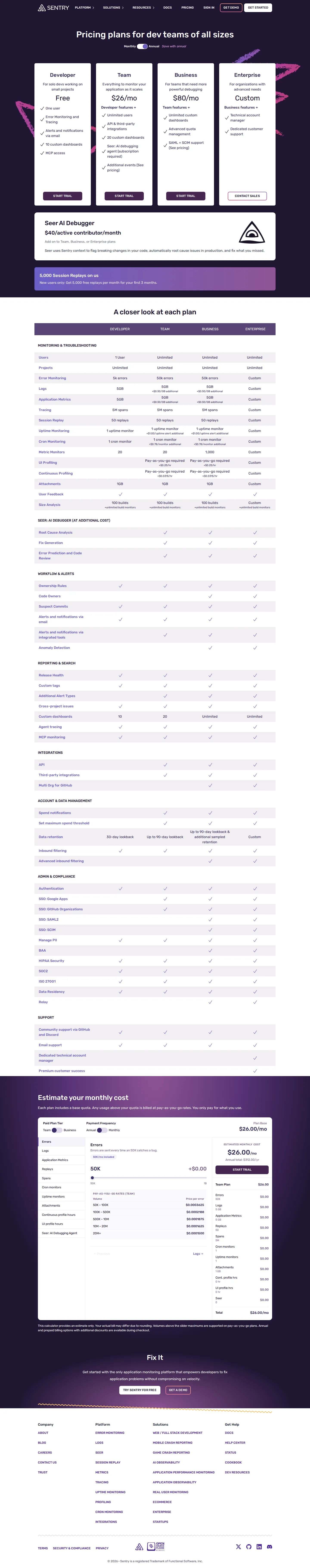 Current pricing capture - Blueprint capture of Sentry's current pricing: a free Developer tier, Team (~$26