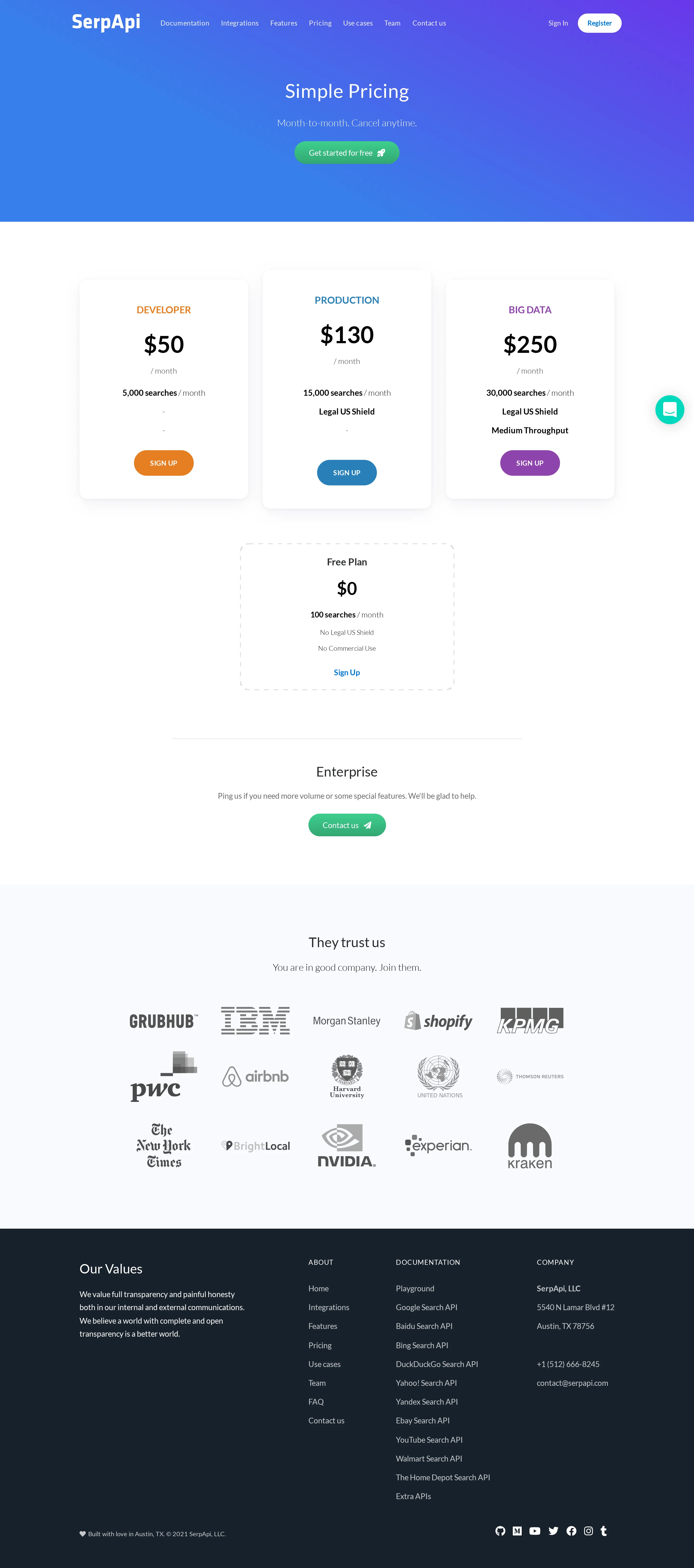 Free plan added ($0 / 100 searches, no commercial use) - A $0 Free Plan appears alongside the three paid tiers — 100 searches/month, 'No 