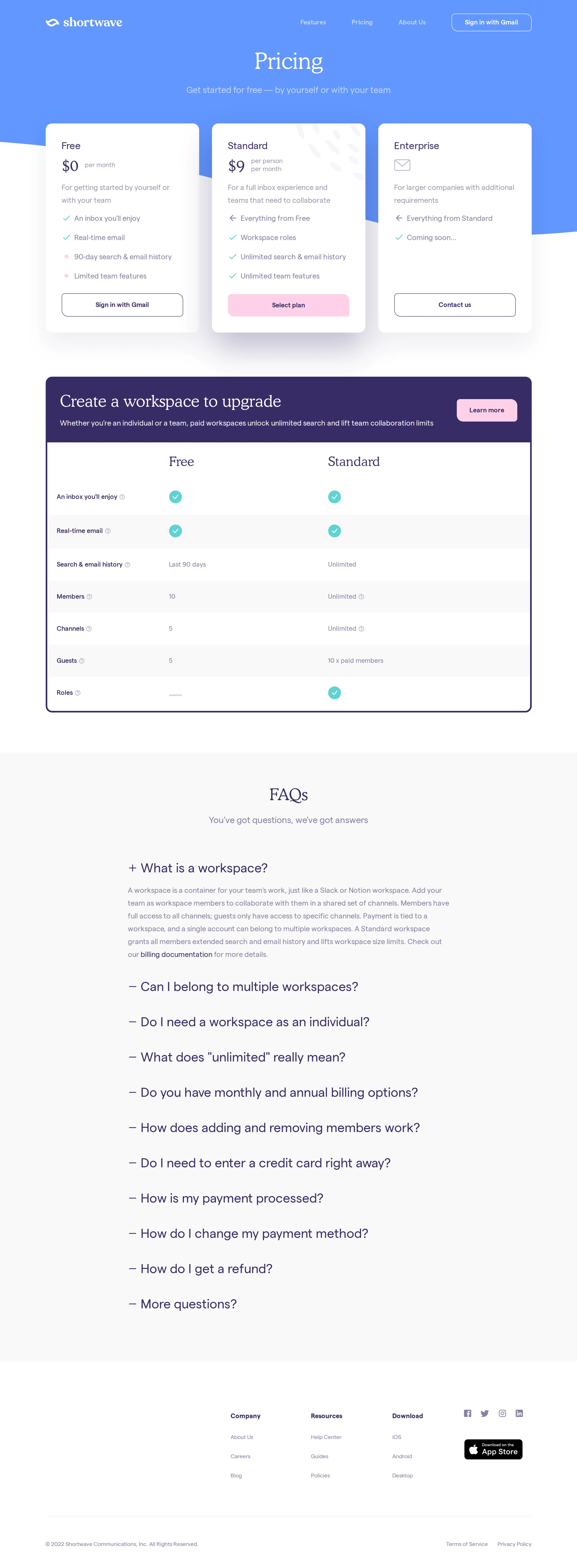 Public launch — Free + $9 Standard (Slack-like history paywall) - Shortwave launched publicly with a workspace model: Free ($0) and Standard ($9/p