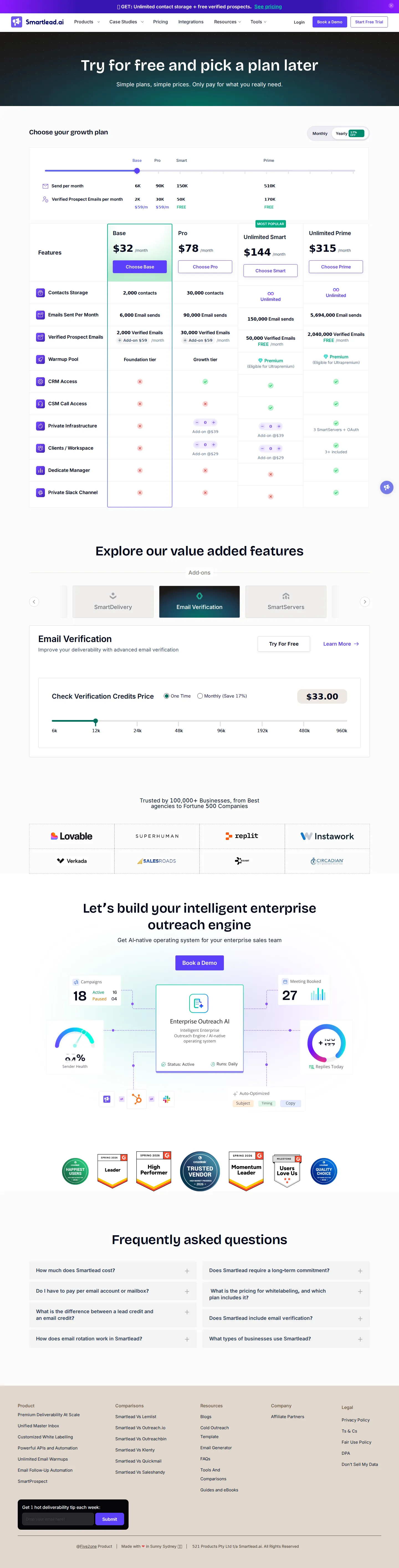 Rename to Base/Pro/Smart/Prime; unlimited contacts replaces active-lead caps - Current page (captured 2026-06-04): four tiers — Base $32/mo, Pro $78/mo, Unlimi