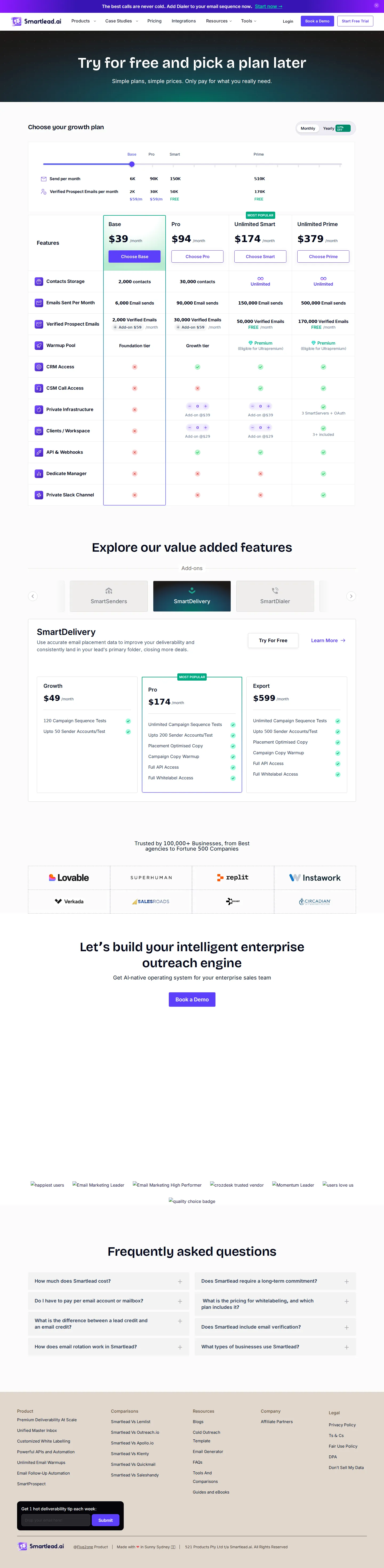 Across-the-board tier increase; Prime caps tightened; SmartDialer added - Captured 2026-07-14: all four tiers raised — Base $32→$39, Pro $78→$94, Unlimite