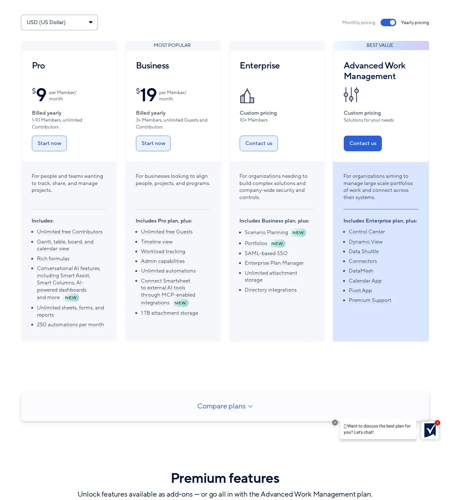 Confirmed stable: Pro $9 / Business $19 per Member (billed yearly) - Live-captured pricing (Pro $9/mo, Business $19/mo billed yearly; $12/mo and $24/