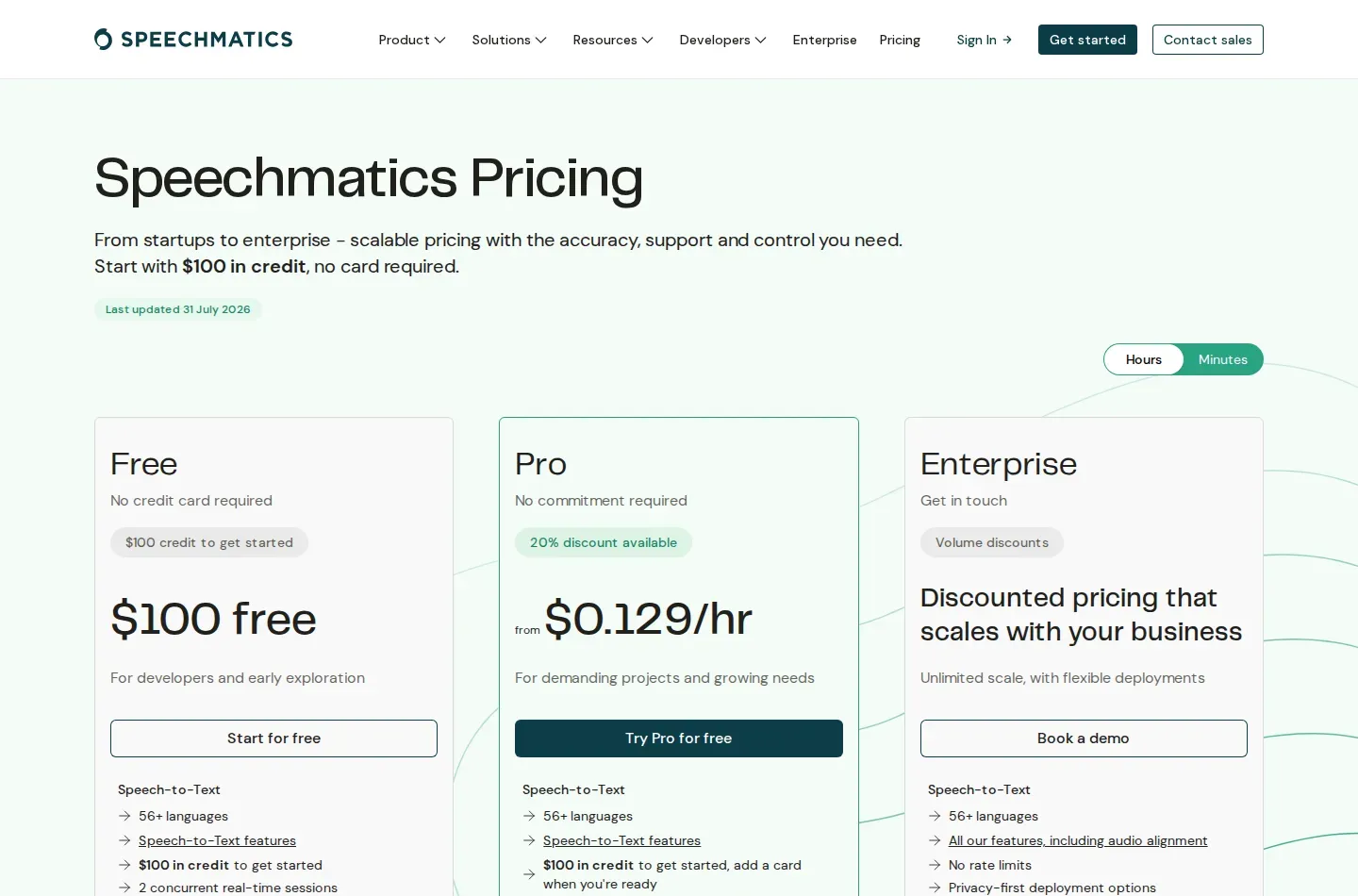 Recurring free allowance replaced by a one-time $100 signup credit - Pricing page 'Last updated' badge moved from 29 to 31 July 2026. Free and Pro pl
