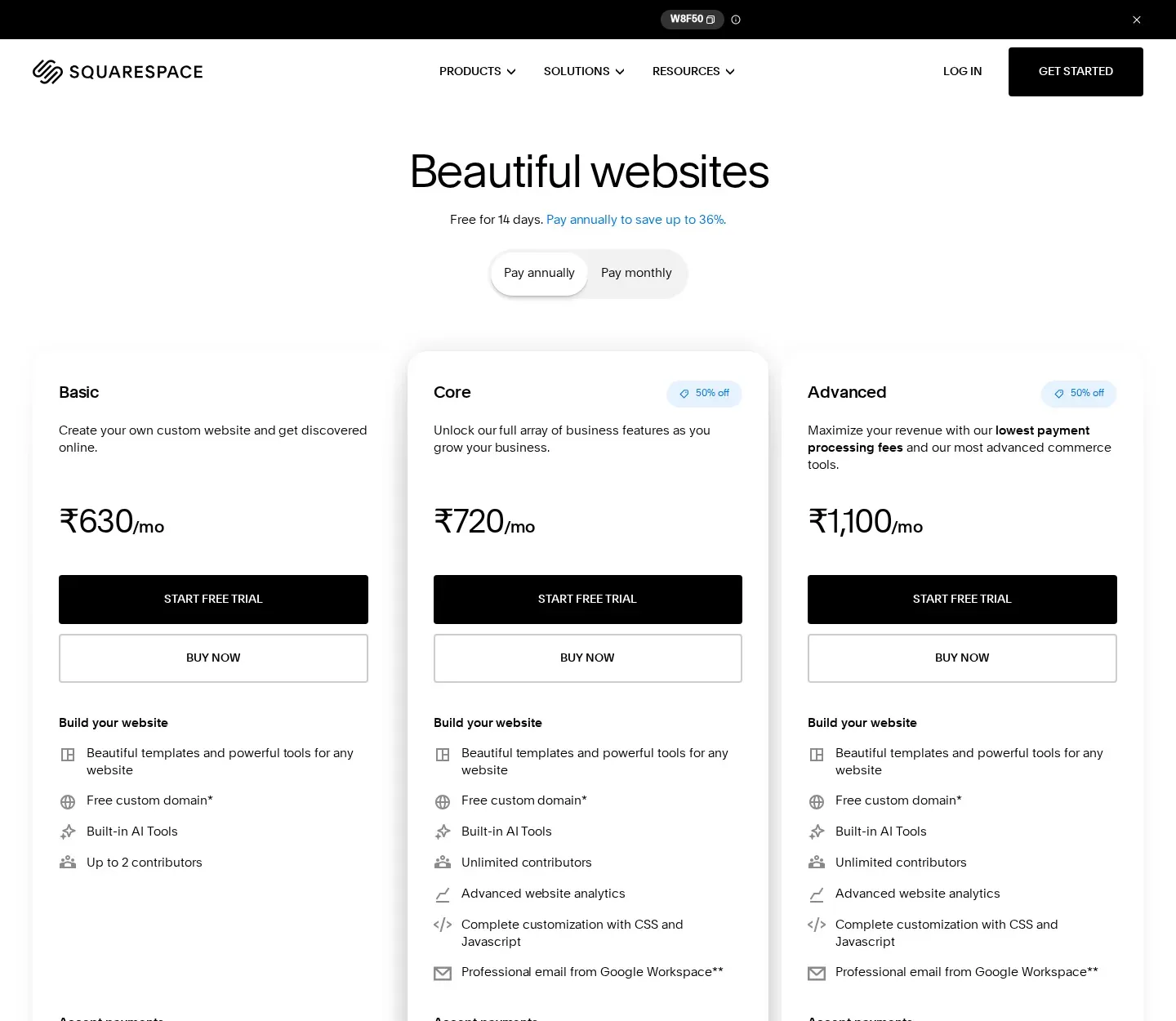 Site-wide 50%-off promo code (W8F50) added; Squarespace Payments reaches Australia and New Zealand - Headline plan prices are unchanged (still $19/$29/$99 annual, $25/$39/$139 month