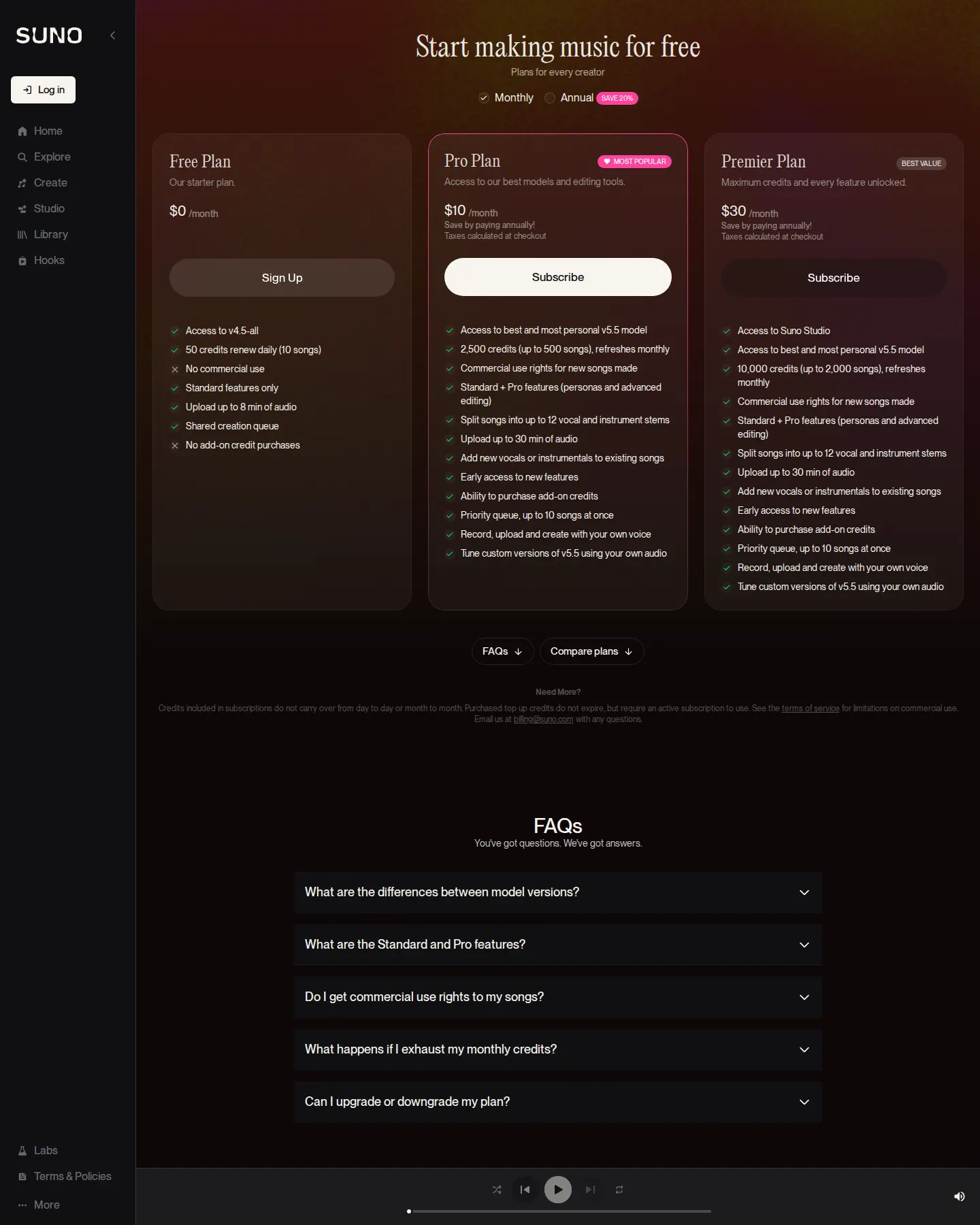 Current tiers: Free / Pro $10 / Premier $30 - Captured current credit-metered subscription tiers from suno.com/pricing in USD:
