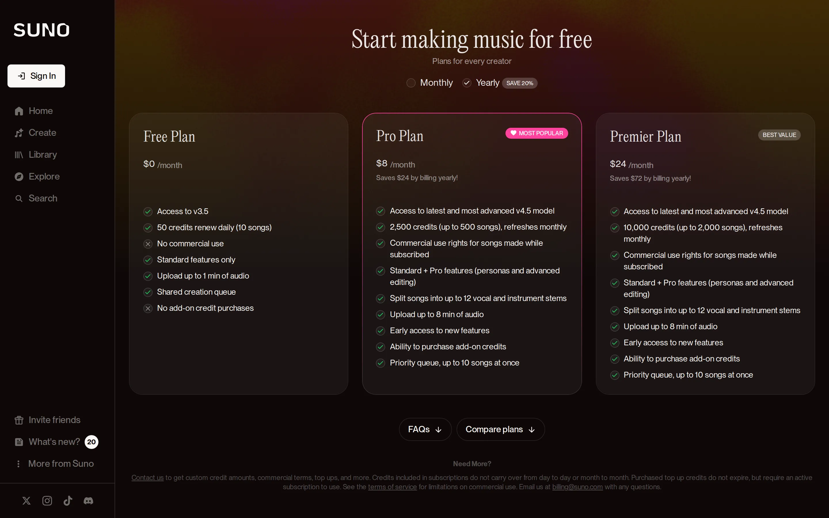 Three tiers on v4.5 — prices and credits set - Wayback snapshot of suno.com/pricing (annual view) shows Free $0 (Access to v3.5