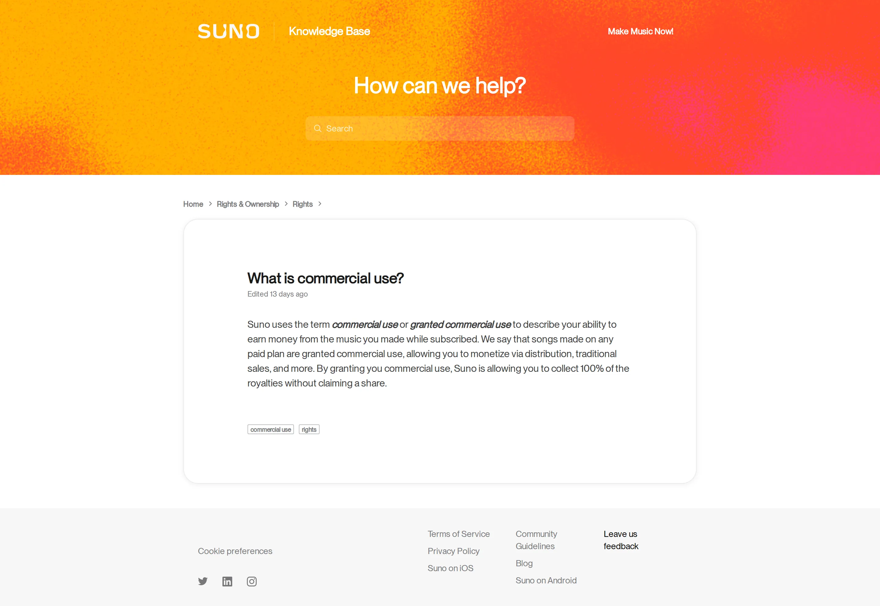 Commercial-use gate documented in help center - Wayback snapshot of the Suno help center 'What is commercial use?' article state
