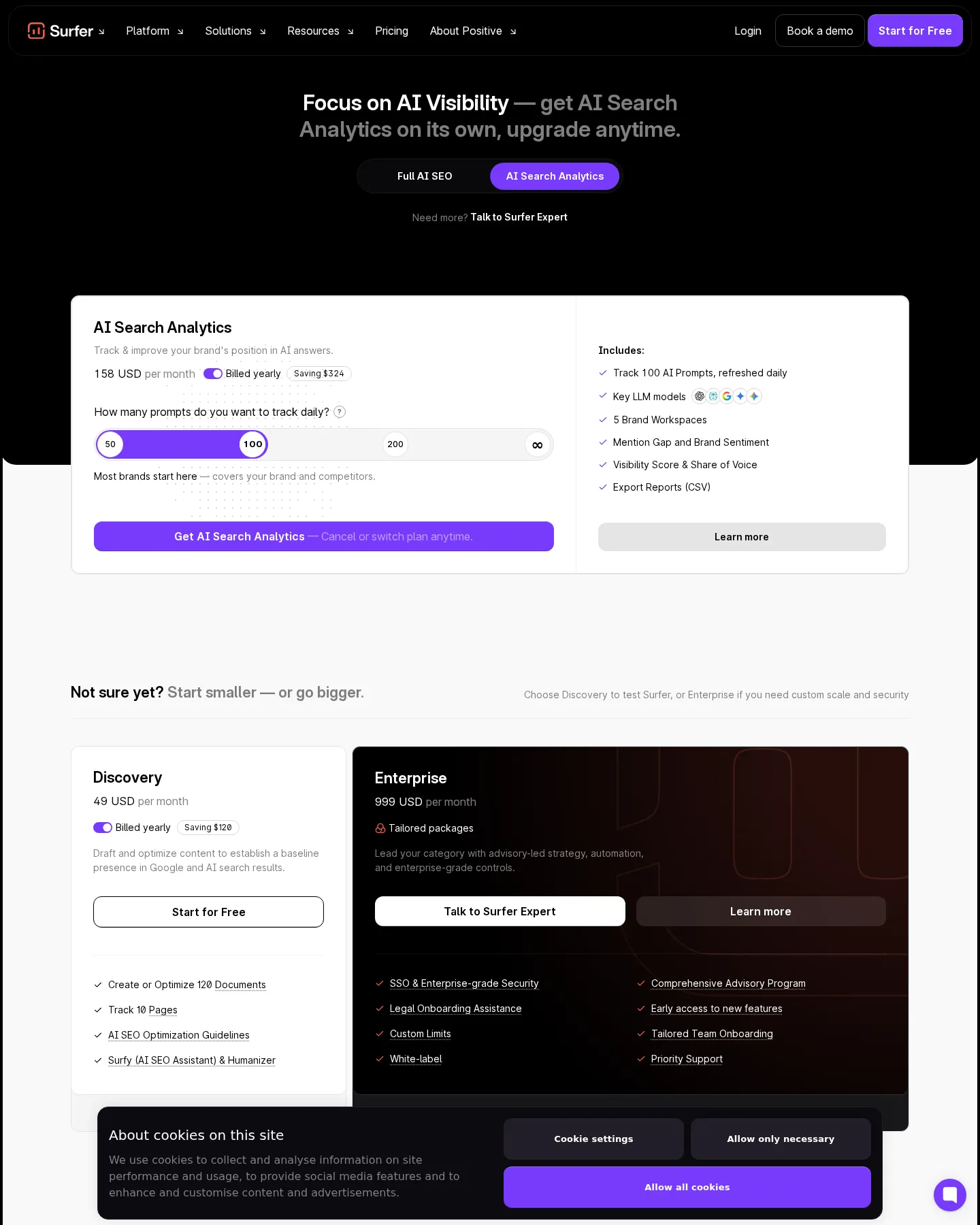 AI Search Analytics unbundled into a standalone, slider-metered product - A second top-level pricing tab ('Full AI SEO' vs 'AI Search Analytics') now sell