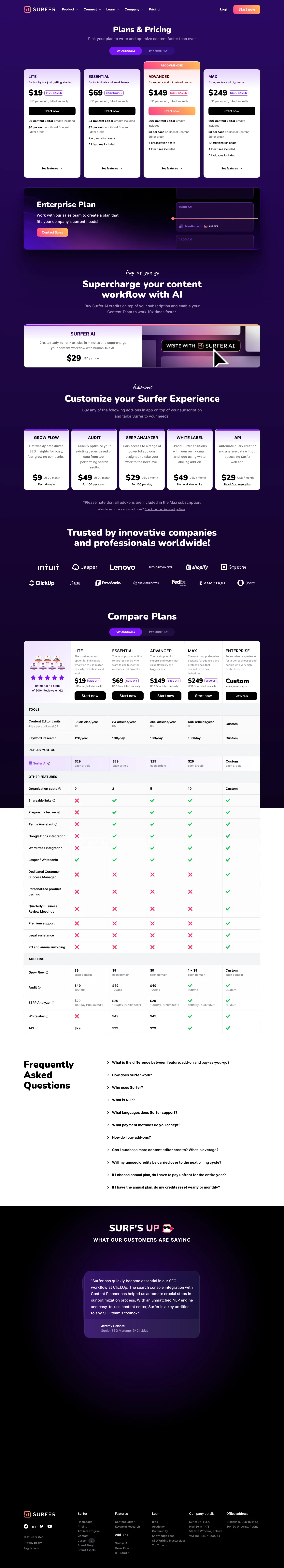 Full rename to Lite/Essential/Advanced/Max; Surfer AI launches at $29/article - Complete repackaging: Lite $19, Essential $69, Advanced $149, Max $249, Enterpri