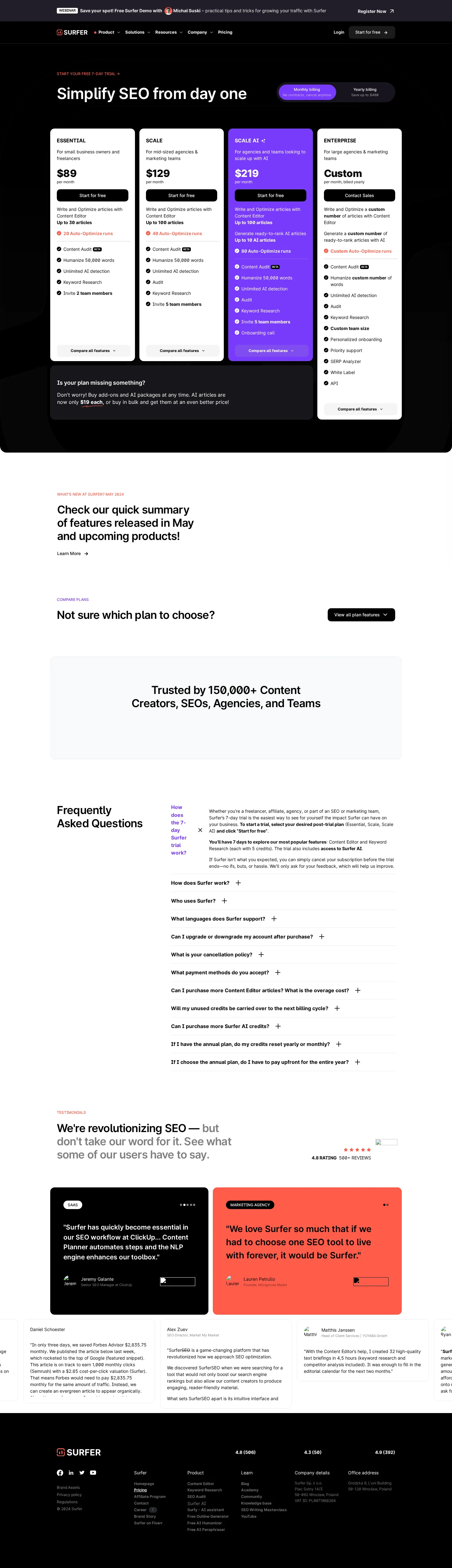 Rename to Essential/Scale/Scale AI; Surfer AI cut to $19/article - Lineup simplified to Essential $89, Scale $129, Scale AI $219, Enterprise custom