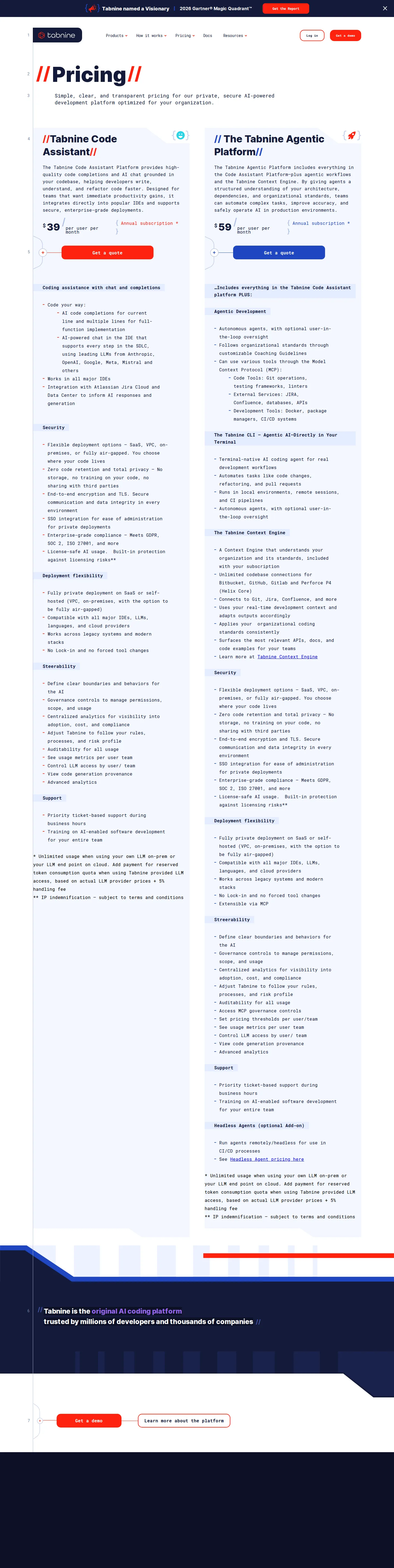 Two-platform structure: Code Assistant $39, Agentic $59 + Headless Agents - Tabnine prices two per-seat platforms — Code Assistant at $39/user/mo and the Ag