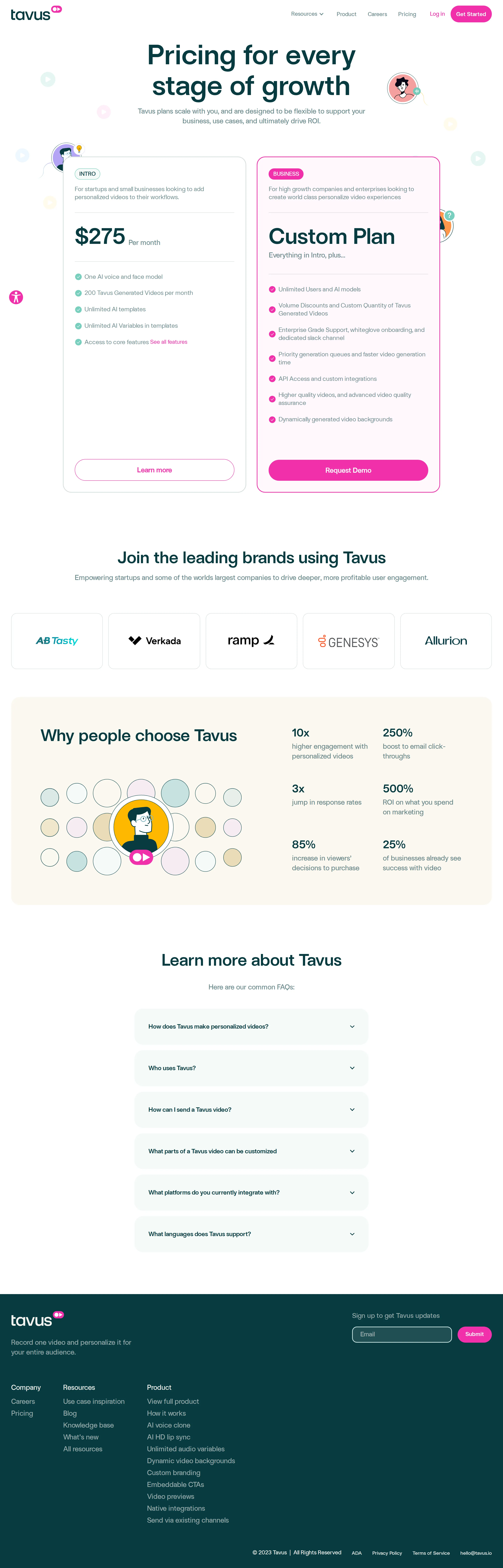 Personalized-video era: flat $275/mo 'Intro' plan - Tavus's pricing page sold marketing-video automation: an 'Intro' plan at $275/mo